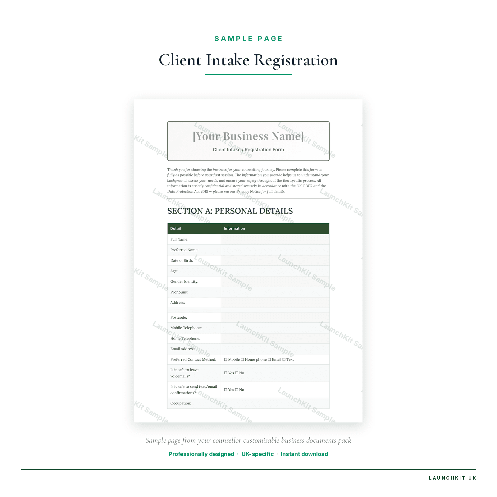 Client Intake / Registration Form sample page from the Counsellor Business Documents — Customisable pack — watermarked LaunchKit Sample