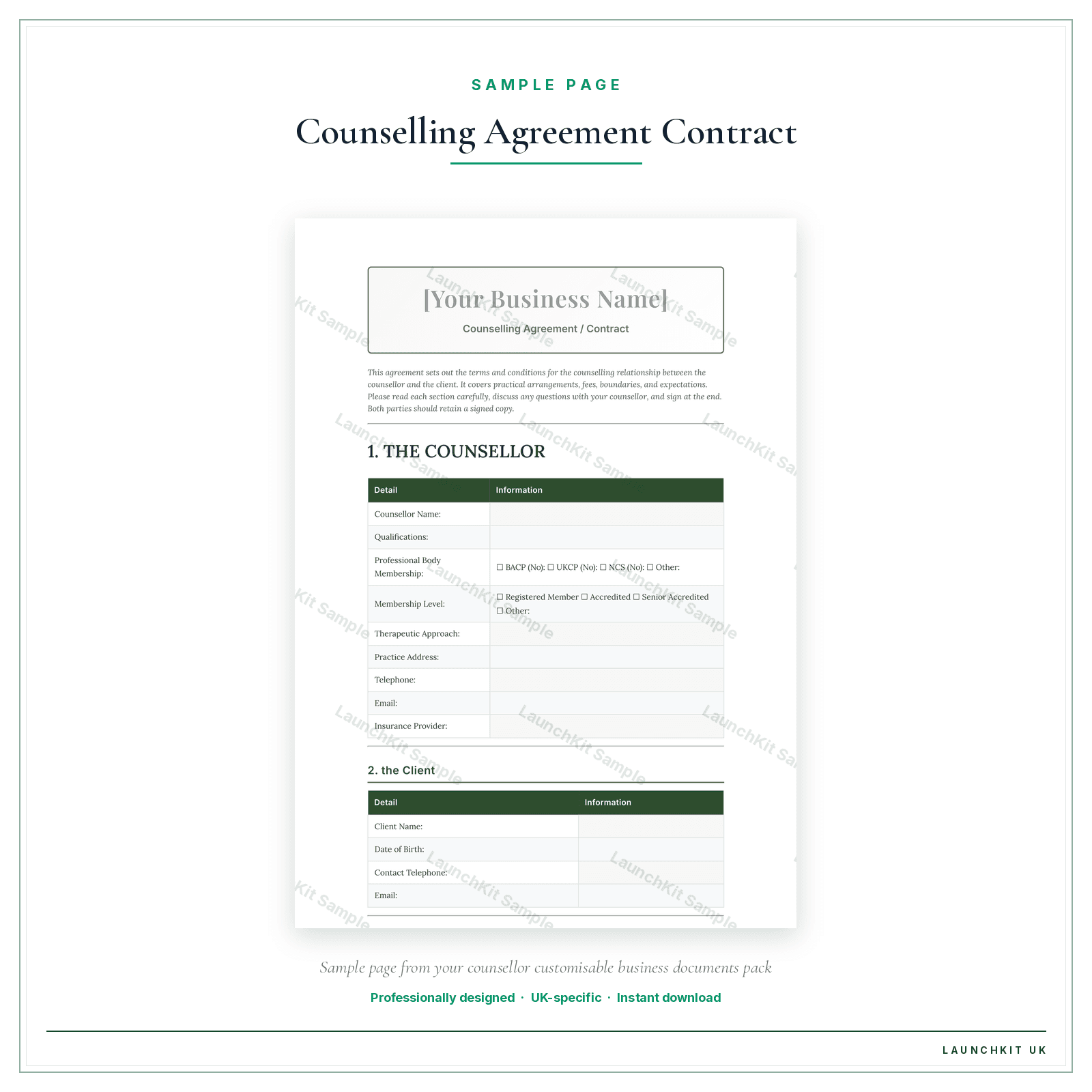Counselling Agreement / Contract sample page from the Counsellor Business Documents — Customisable pack — watermarked LaunchKit Sample