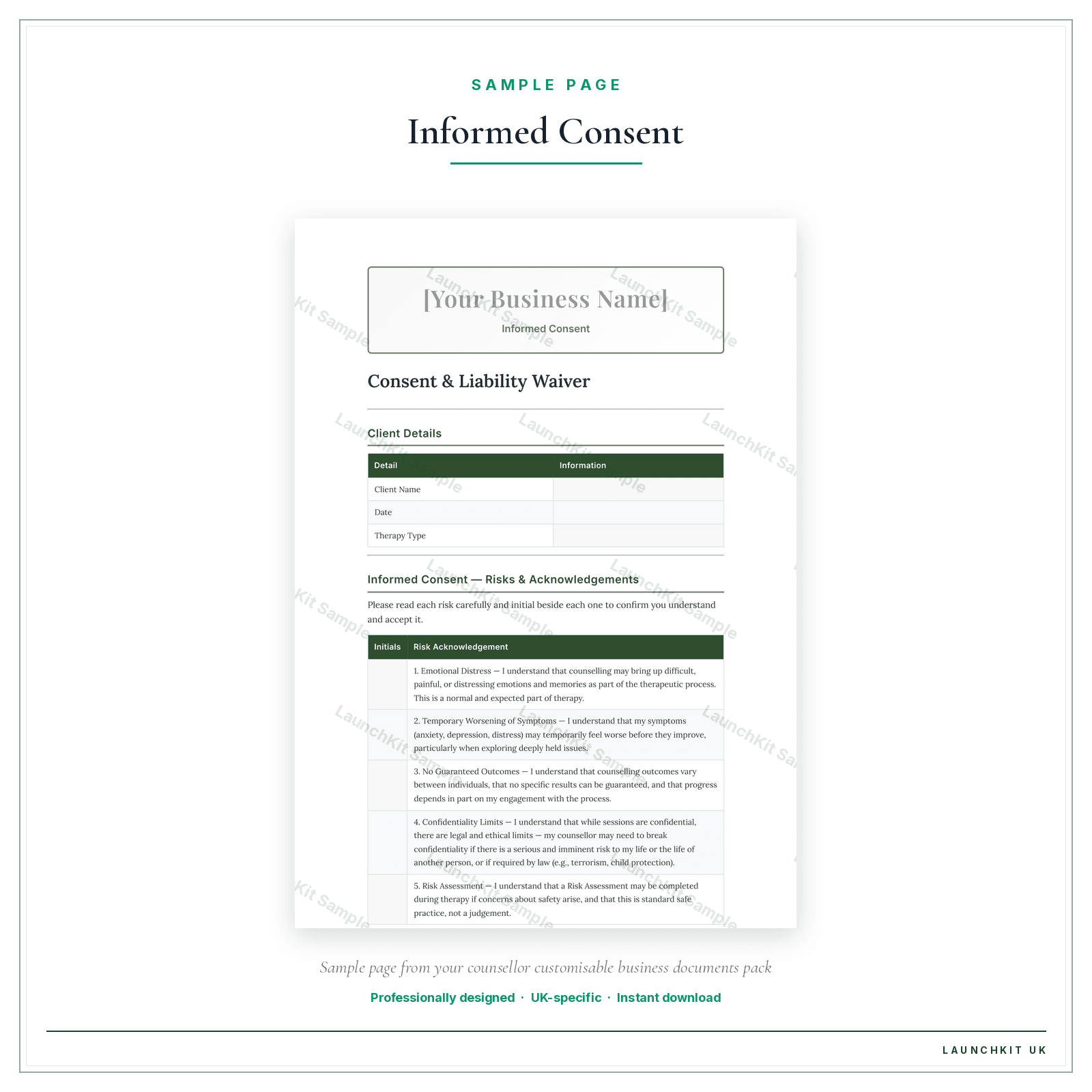 Informed Consent sample page from the Counsellor Business Documents — Customisable pack — watermarked LaunchKit Sample