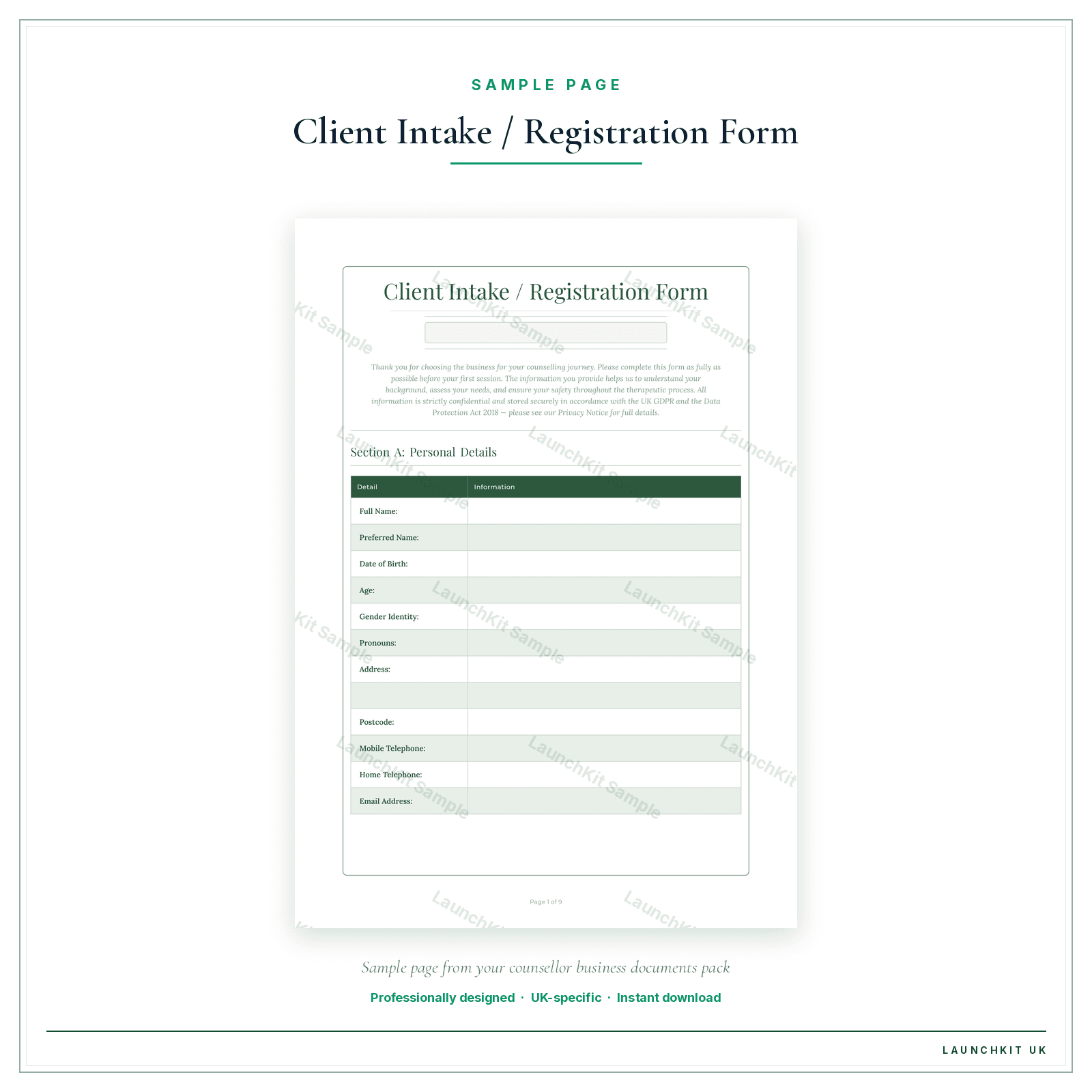 Client Intake / Registration Form sample page from the Counsellor Business Documents — Essential pack — watermarked LaunchKit Sample