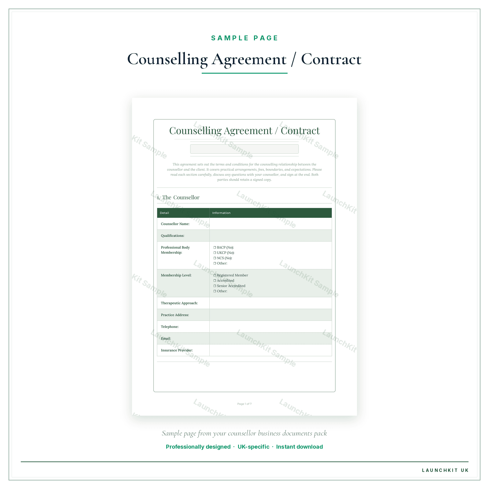 Counselling Agreement / Contract sample page from the Counsellor Business Documents — Essential pack — watermarked LaunchKit Sample