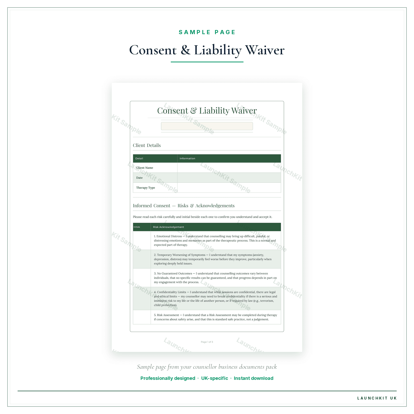 Informed Consent sample page from the Counsellor Business Documents — Essential pack — watermarked LaunchKit Sample