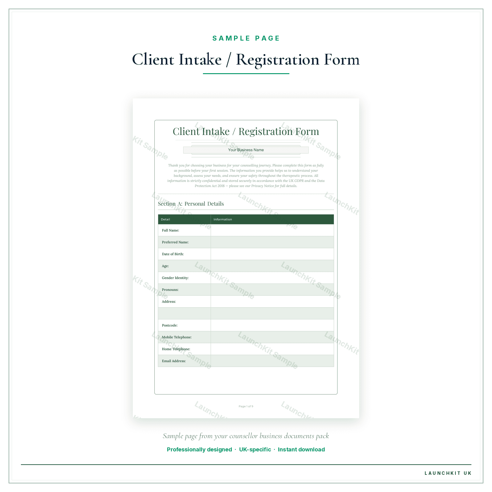 Client Intake / Registration Form sample page from the Counsellor Business Documents — Standard pack — watermarked LaunchKit Sample