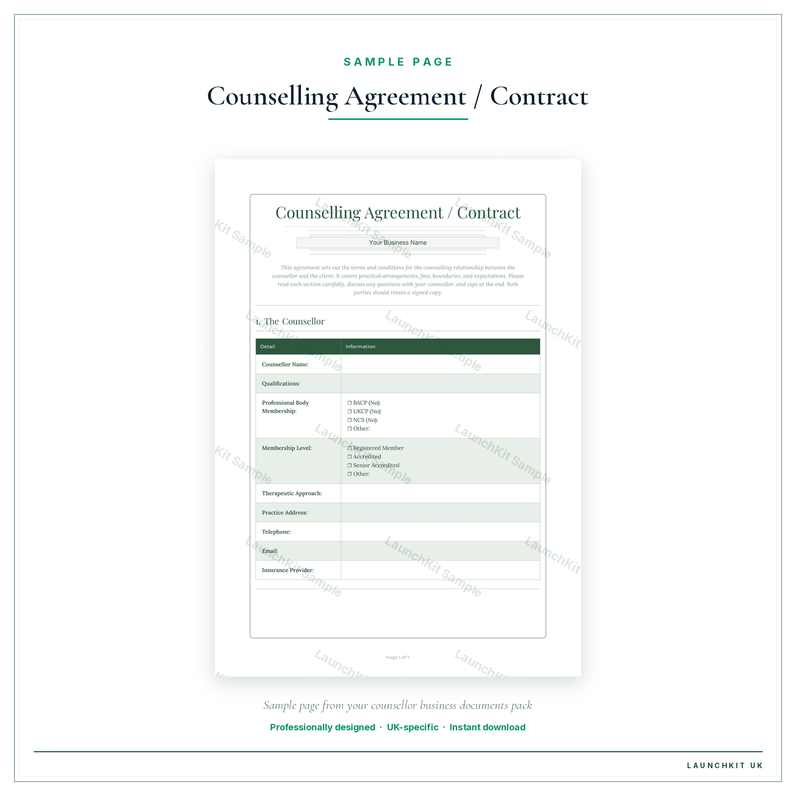Counselling Agreement / Contract sample page from the Counsellor Business Documents — Standard pack — watermarked LaunchKit Sample