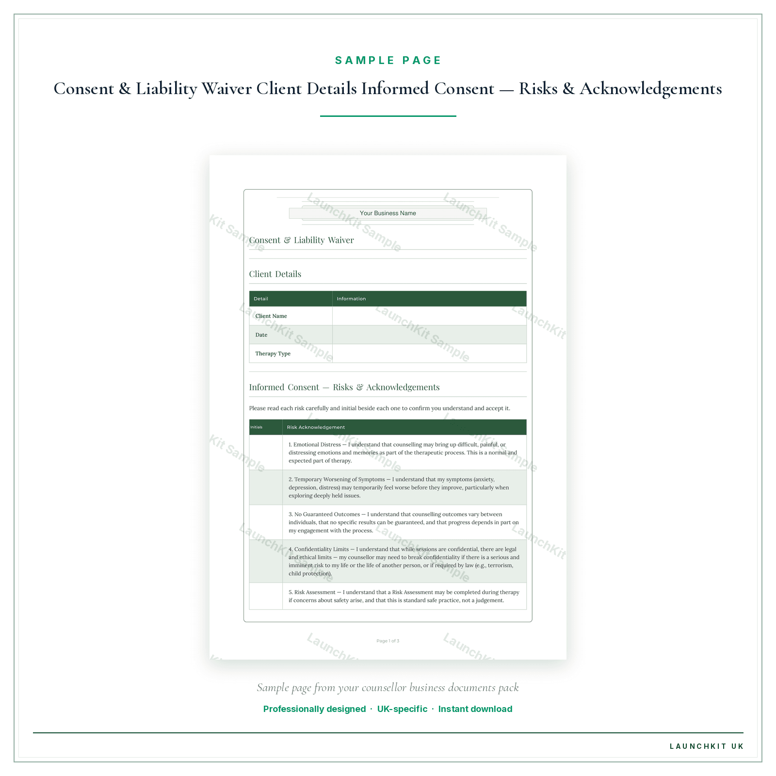 Informed Consent sample page from the Counsellor Business Documents — Standard pack — watermarked LaunchKit Sample