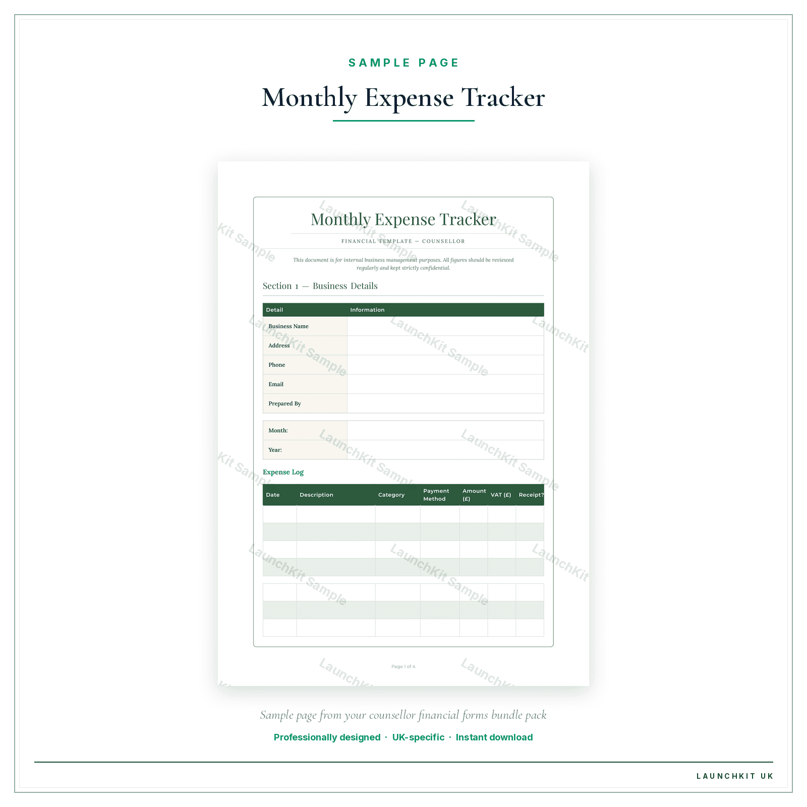 Monthly Expense Tracker sample page from the Counsellor Financial Forms Bundle — Premium pack — watermarked LaunchKit Sample