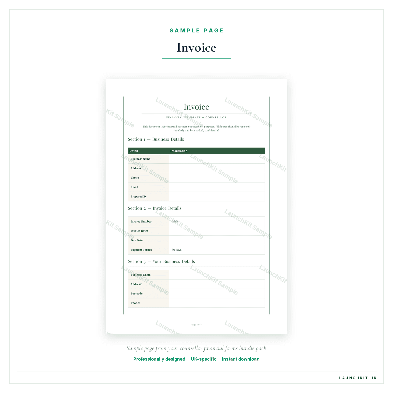 Invoice sample page from the Counsellor Financial Forms Bundle — Premium pack — watermarked LaunchKit Sample