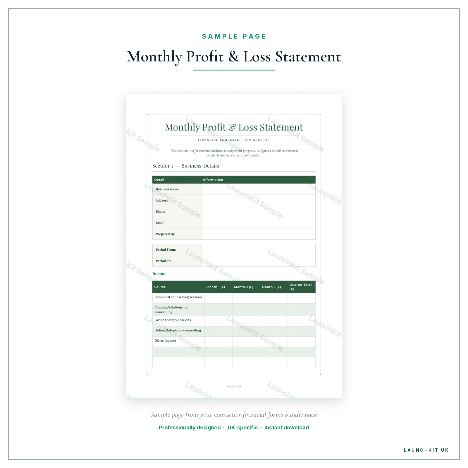 Monthly Profit & Loss Statement sample page from the Counsellor Financial Forms Bundle — Premium pack — watermarked LaunchKit Sample
