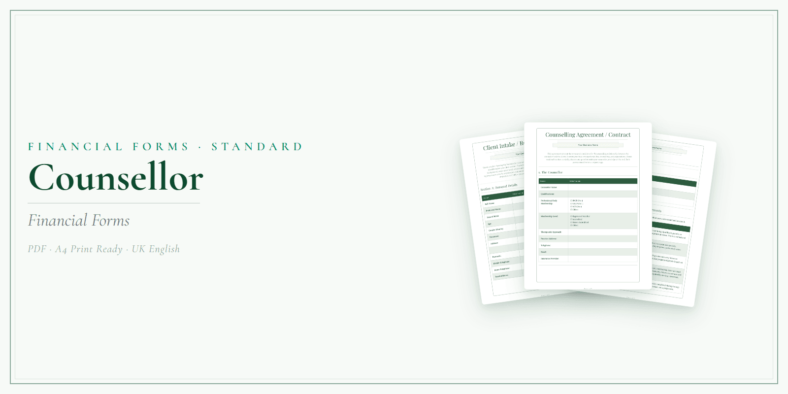 Counsellor — Financial Forms Bundle — Standard, PDF with fillable header product overview