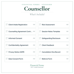 Counsellor — Financial Forms Bundle — Standard, PDF with fillable header what's included preview