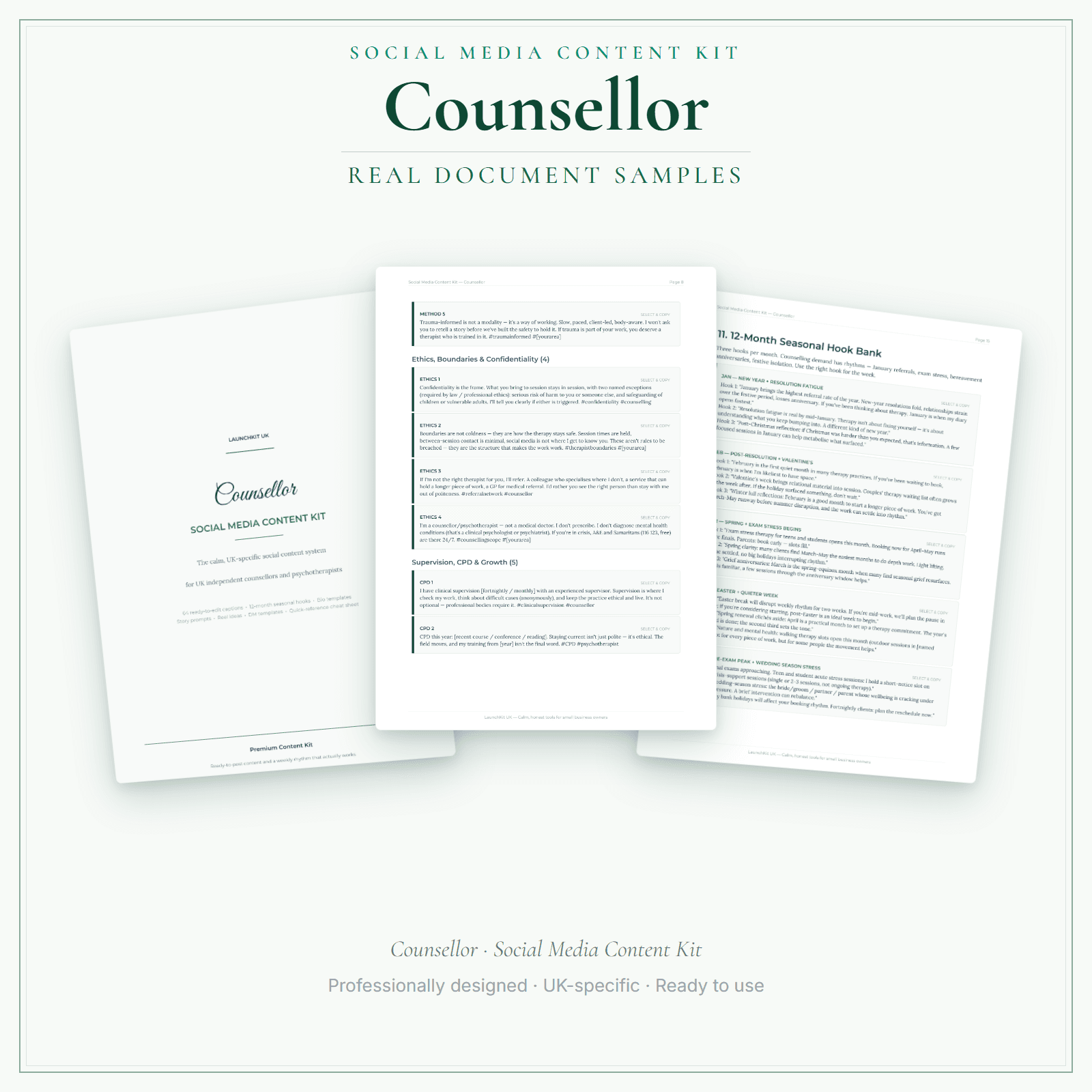 Social Media Content Kit — sample document pages