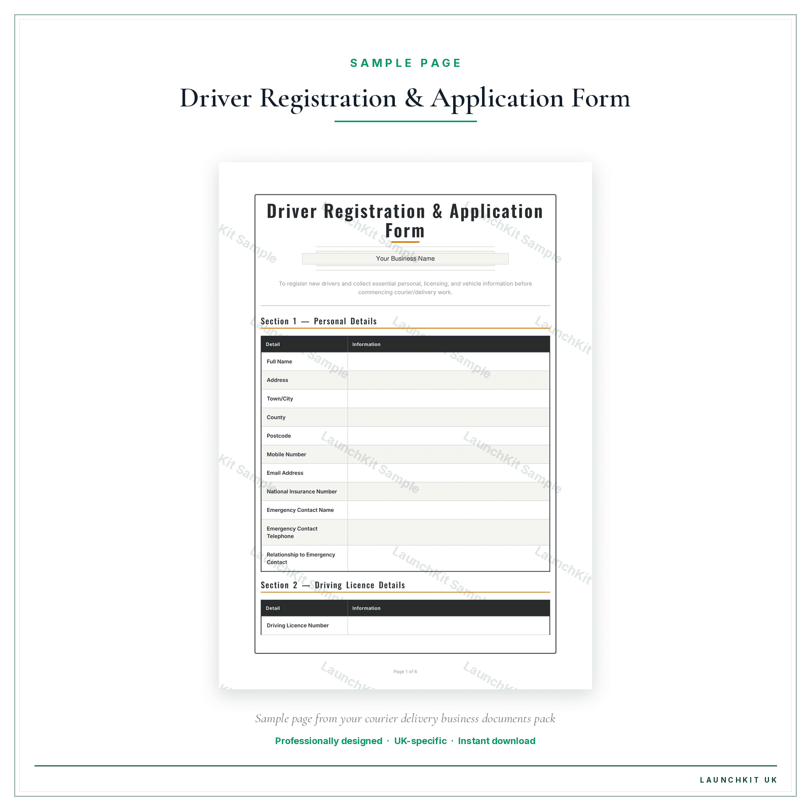 Driver Registration & Application Form sample page from the Courier Delivery Business Documents — Premium pack — watermarked LaunchKit Sample