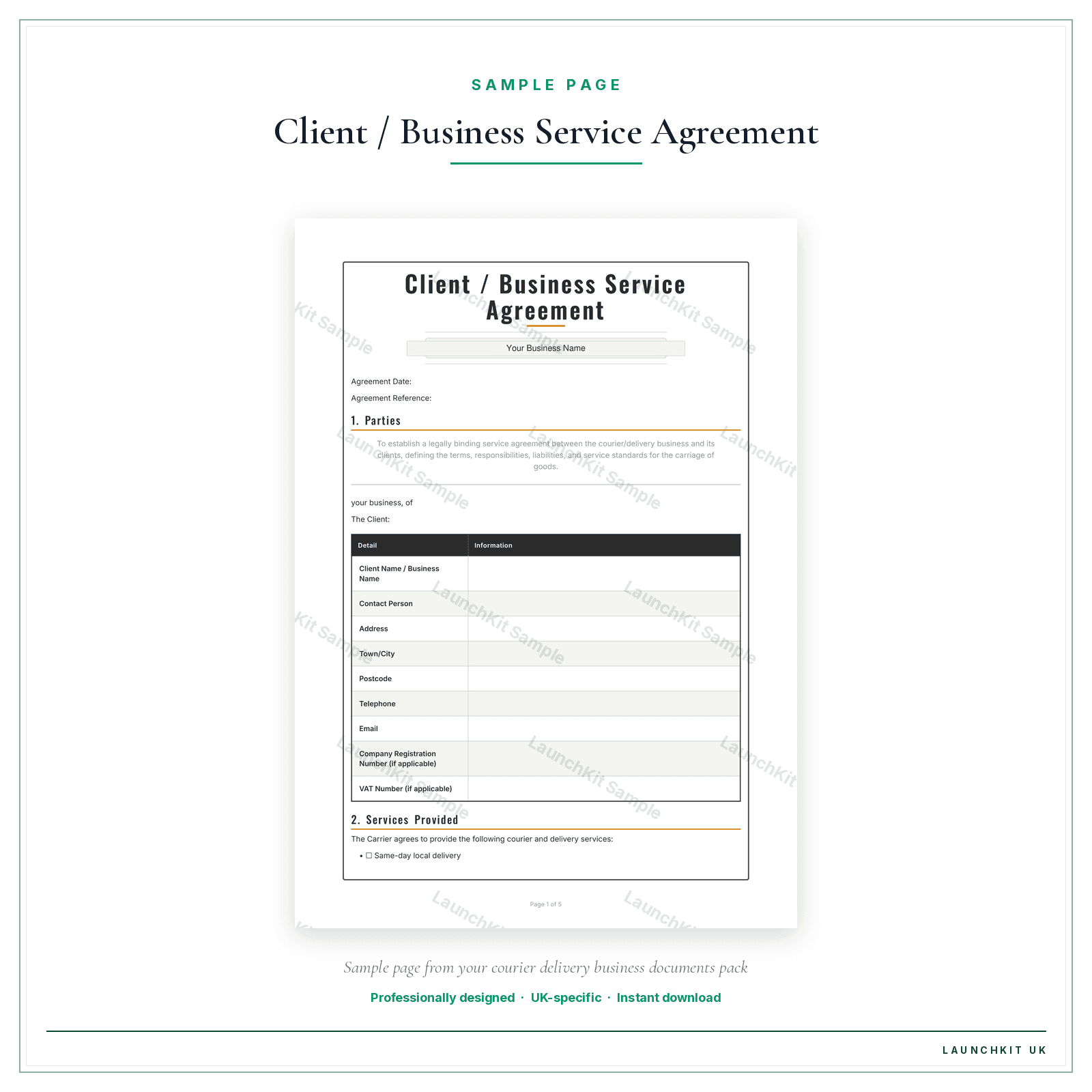 Client / Business Service Agreement sample page from the Courier Delivery Business Documents — Premium pack — watermarked LaunchKit Sample
