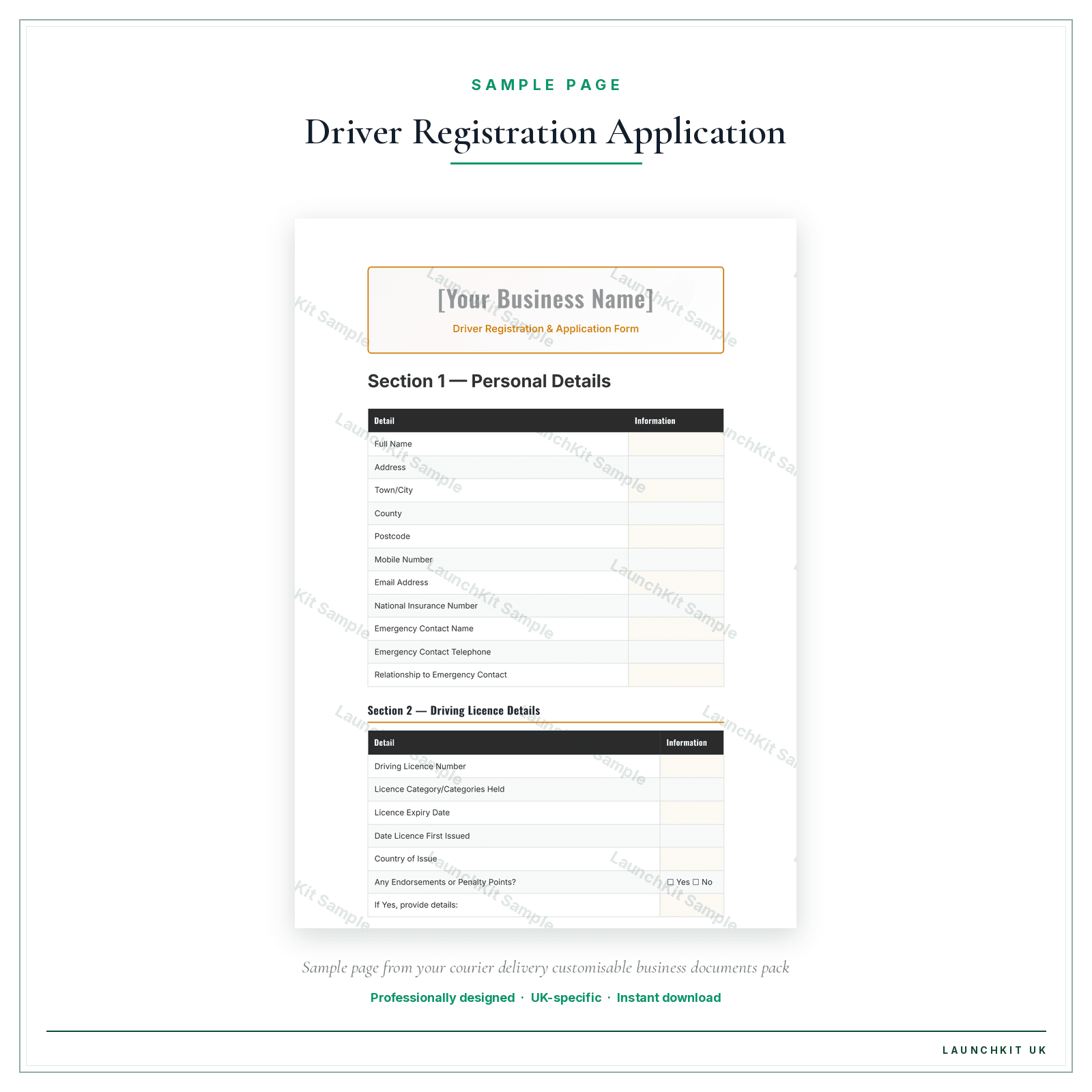 Driver Registration & Application Form sample page from the Courier Delivery Business Documents — Customisable pack — watermarked LaunchKit Sample