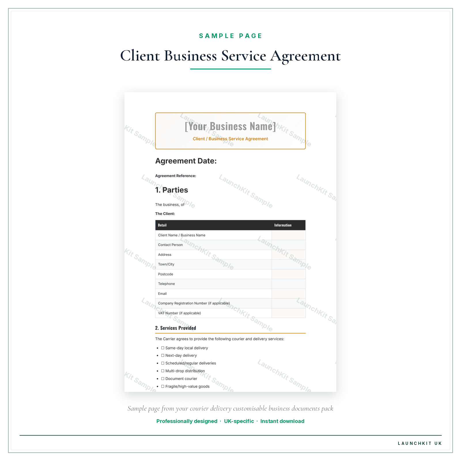 Client / Business Service Agreement sample page from the Courier Delivery Business Documents — Customisable pack — watermarked LaunchKit Sample