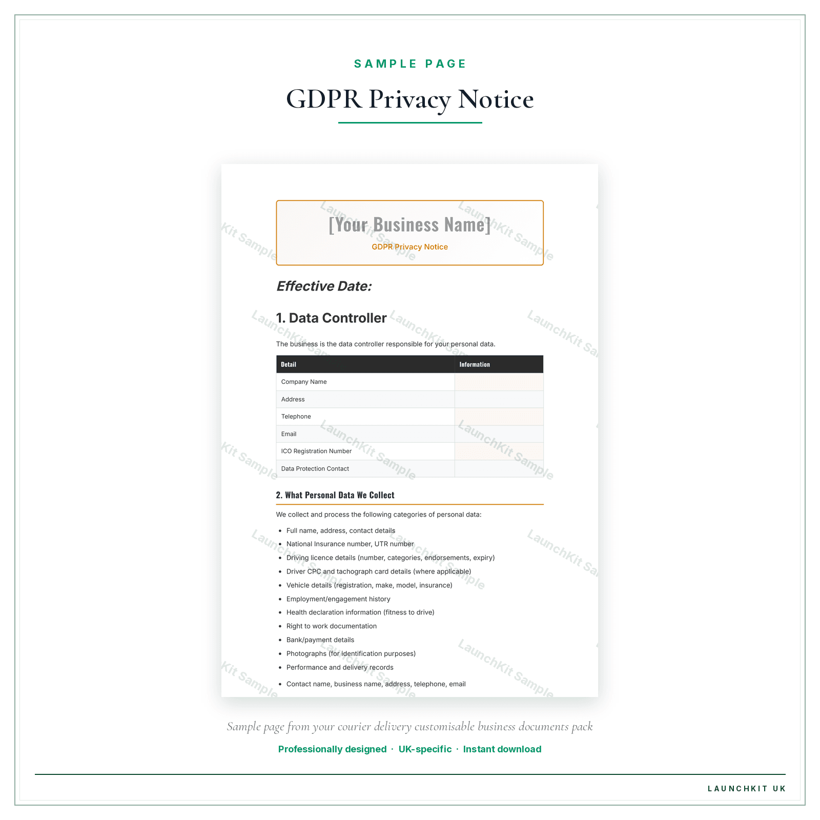 GDPR Privacy Notice sample page from the Courier Delivery Business Documents — Customisable pack — watermarked LaunchKit Sample