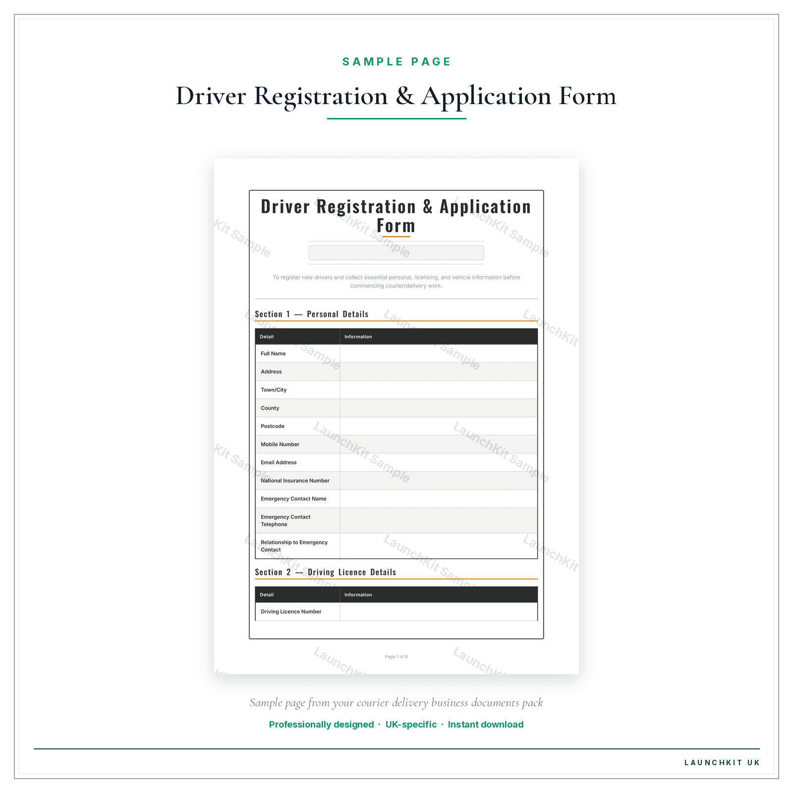 Driver Registration & Application Form sample page from the Courier Delivery Business Documents — Essential pack — watermarked LaunchKit Sample