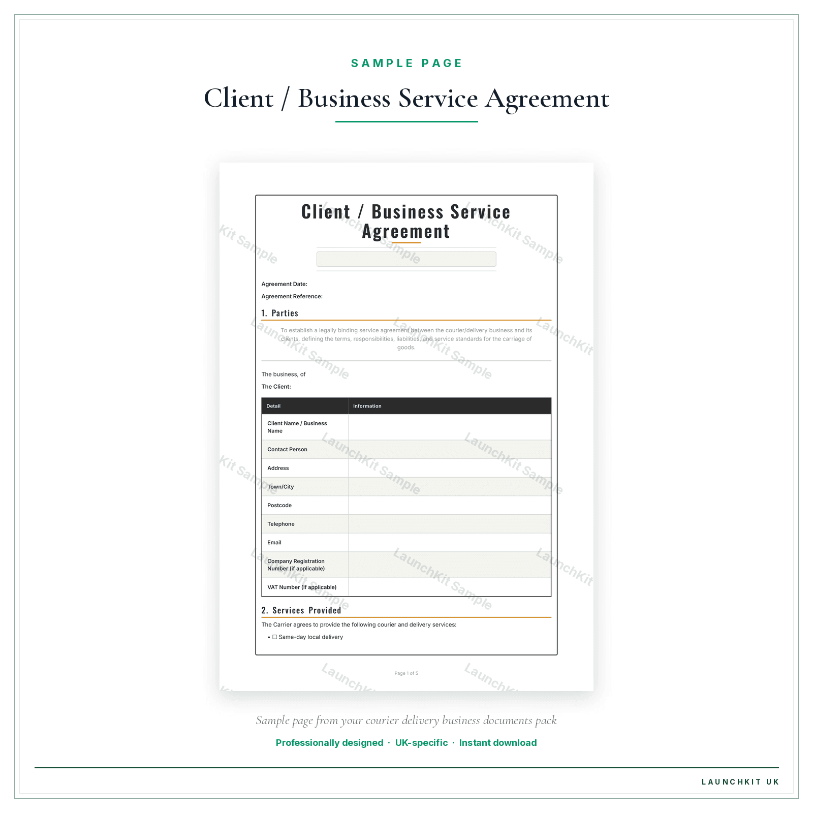 Client / Business Service Agreement sample page from the Courier Delivery Business Documents — Essential pack — watermarked LaunchKit Sample