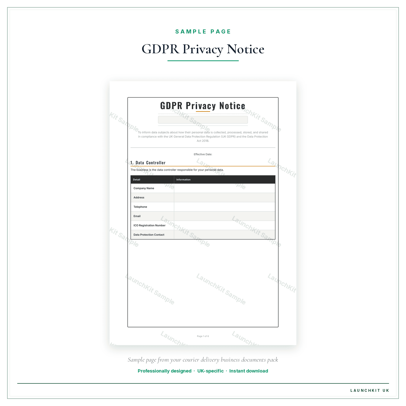 GDPR Privacy Notice sample page from the Courier Delivery Business Documents — Essential pack — watermarked LaunchKit Sample