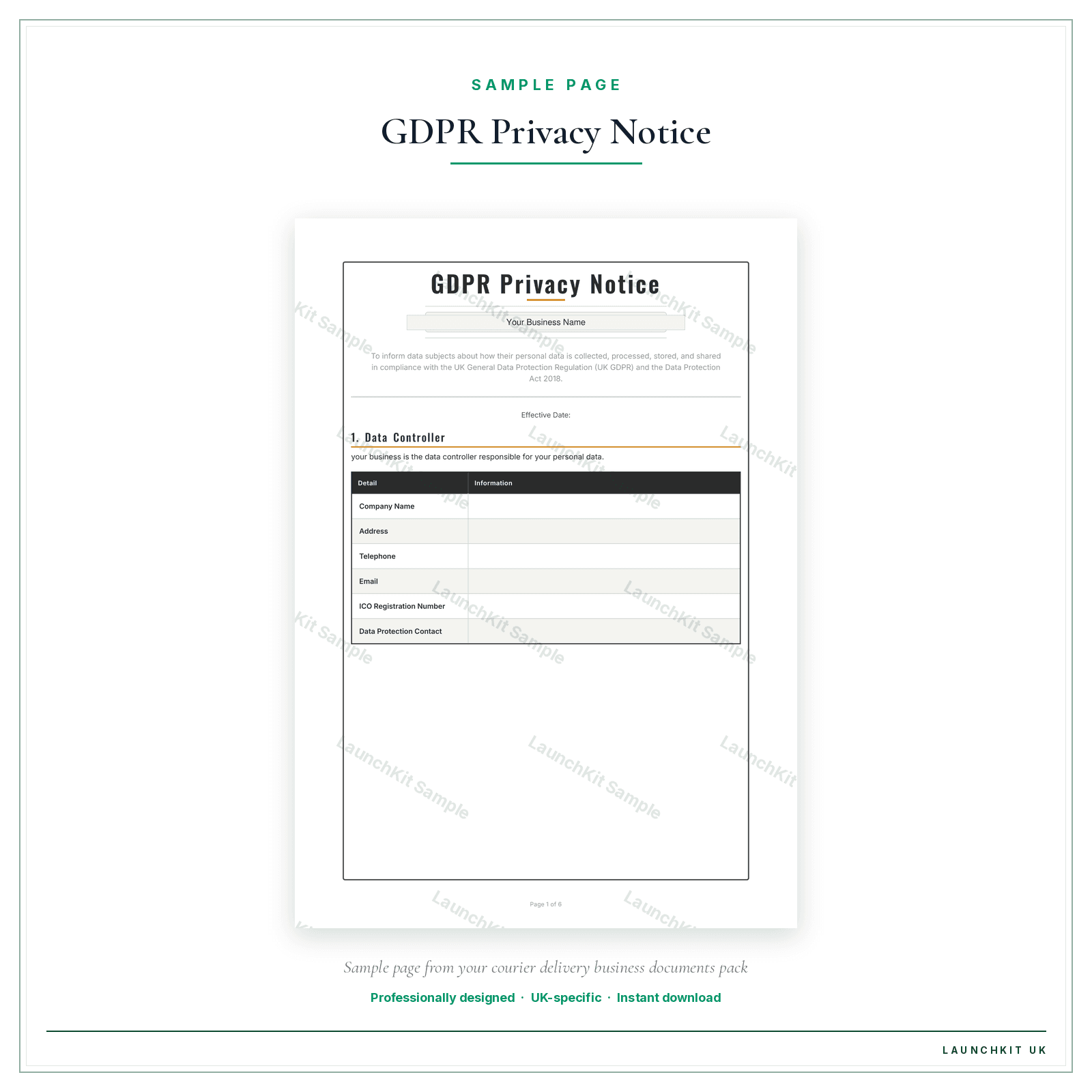 GDPR Privacy Notice sample page from the Courier Delivery Business Documents — Standard pack — watermarked LaunchKit Sample