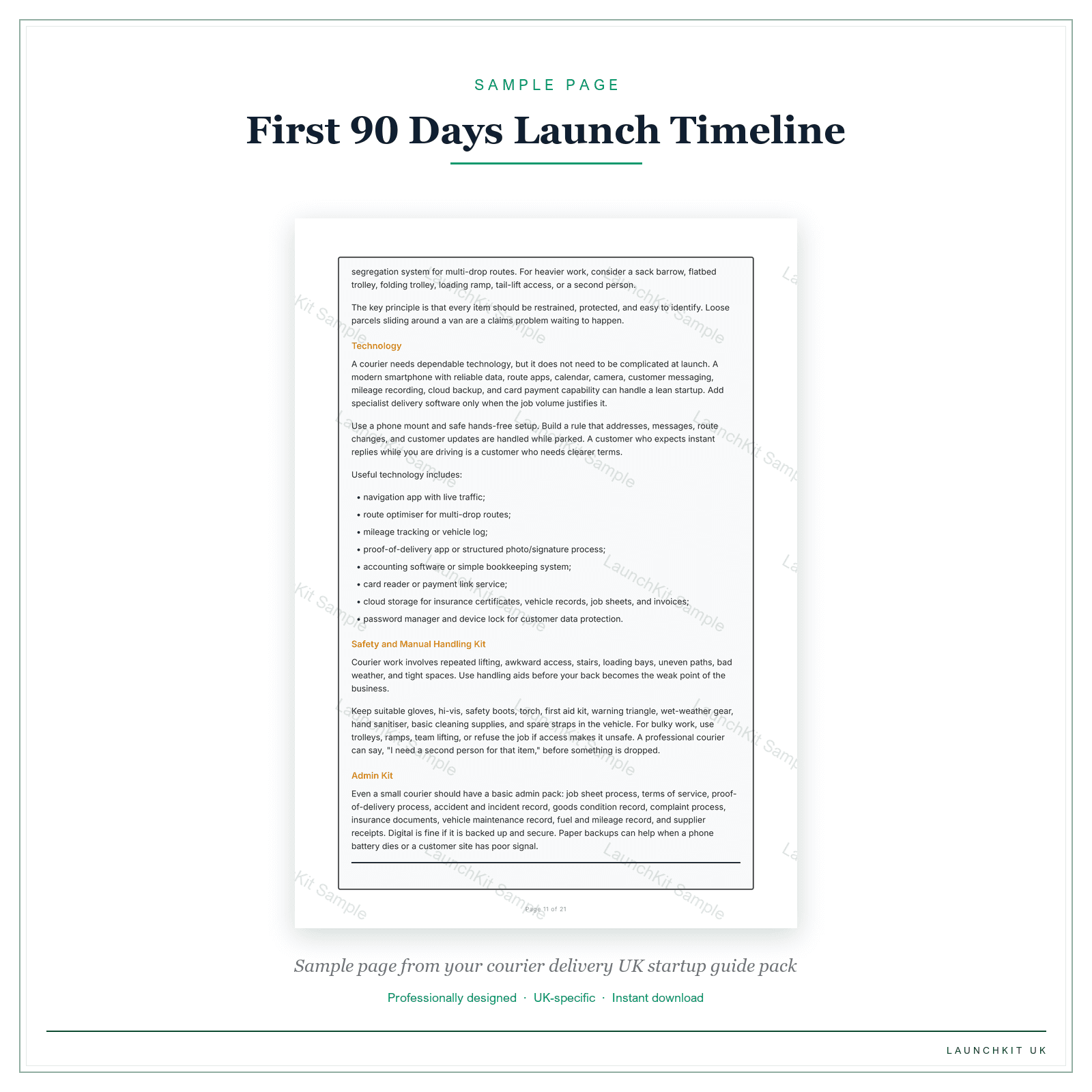 First 90 Days Launch Timeline sample page from the Courier Delivery Startup Guide pack — watermarked LaunchKit Sample