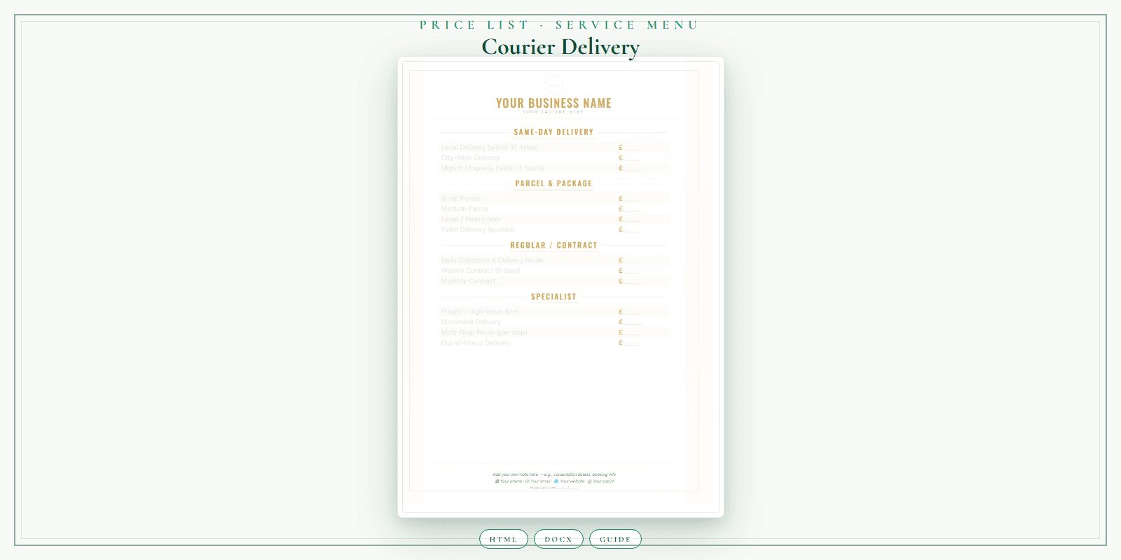 Courier Delivery — Price List & Service Menu, PDF product overview