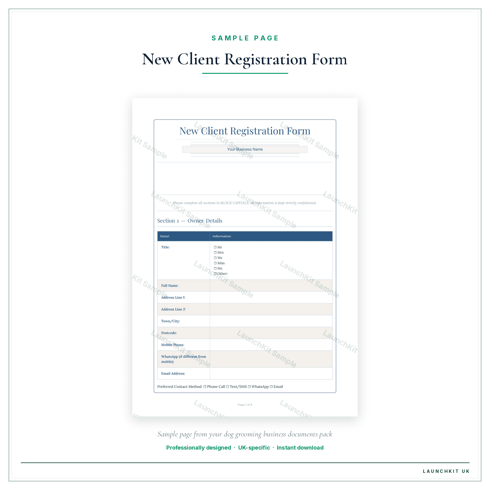 New Client Registration Form sample page from the Dog Grooming Business Documents — Premium pack — watermarked LaunchKit Sample