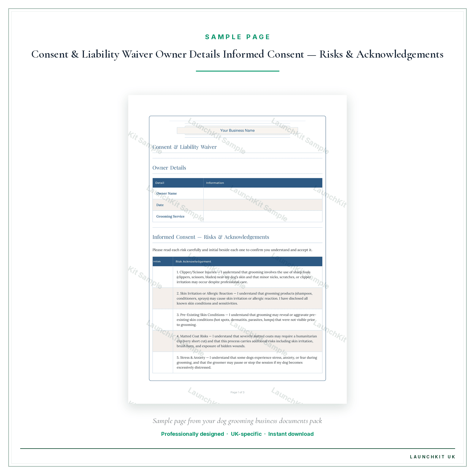 Grooming Consent Liability Waiver sample page from the Dog Grooming Business Documents — Premium pack — watermarked LaunchKit Sample