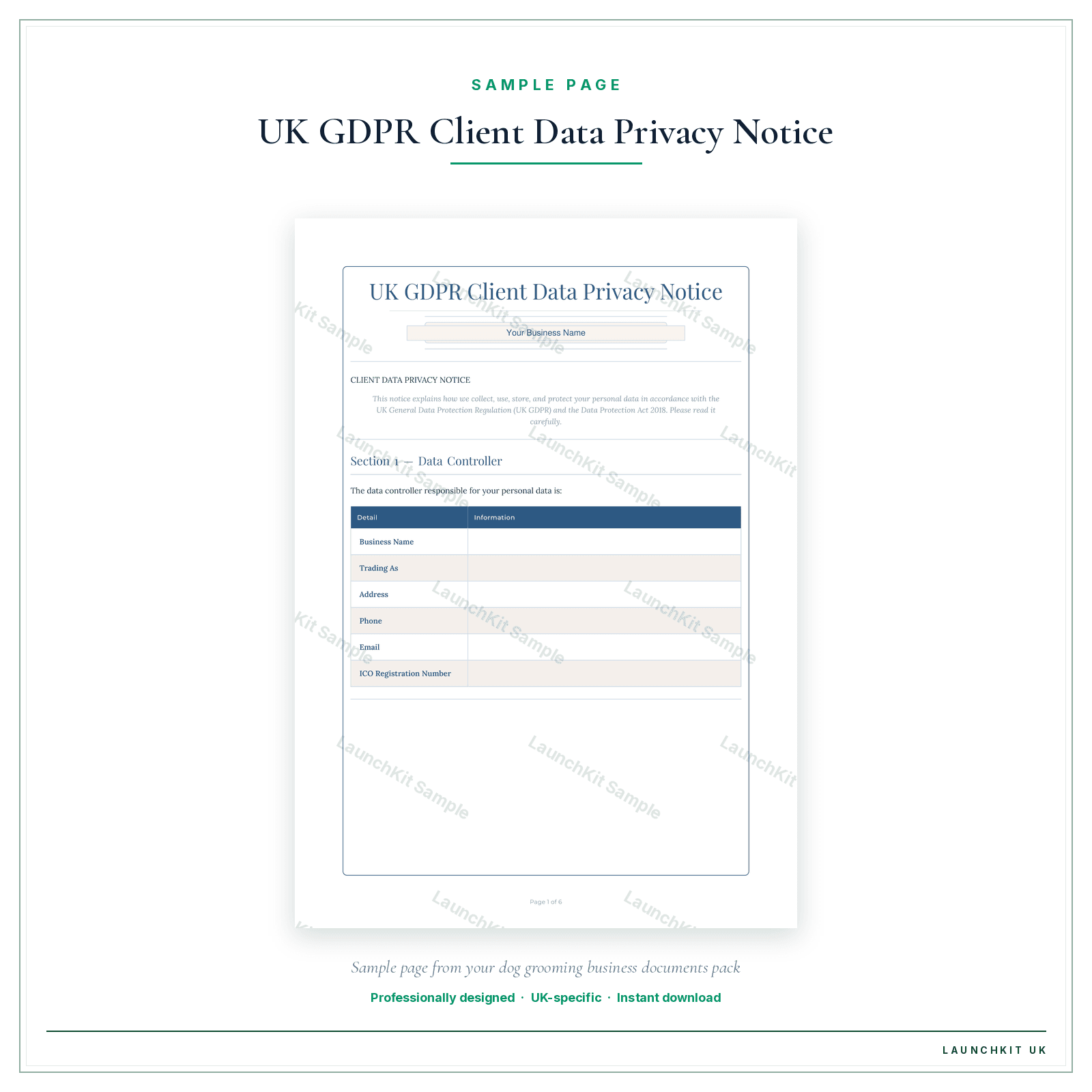 UK GDPR Client Data Privacy Notice sample page from the Dog Grooming Business Documents — Premium pack — watermarked LaunchKit Sample