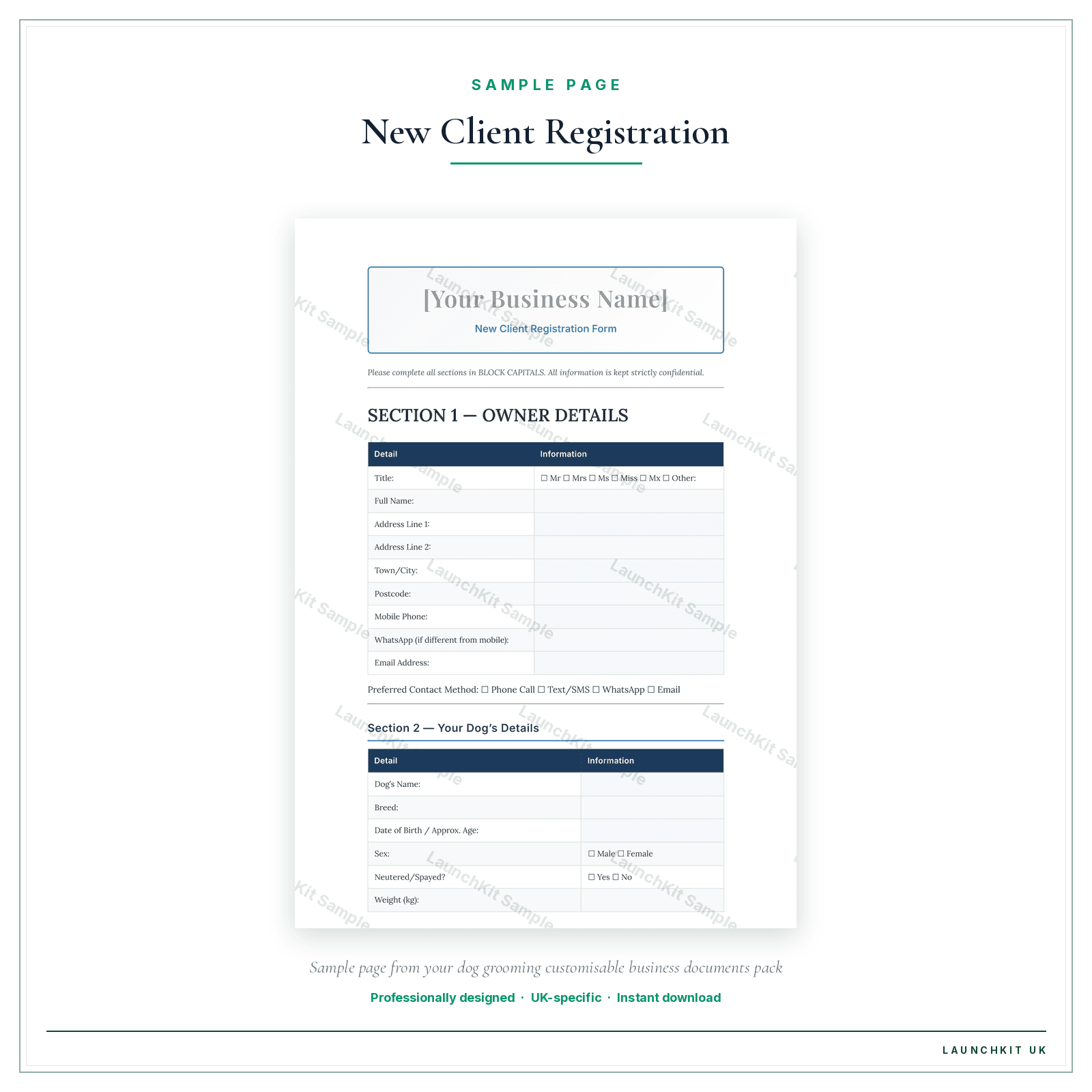 New Client Registration Form sample page from the Dog Grooming Business Documents — Customisable pack — watermarked LaunchKit Sample
