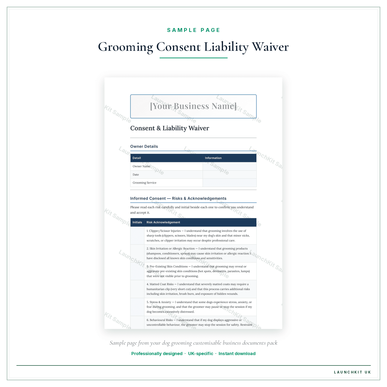 Grooming Consent Liability Waiver sample page from the Dog Grooming Business Documents — Customisable pack — watermarked LaunchKit Sample