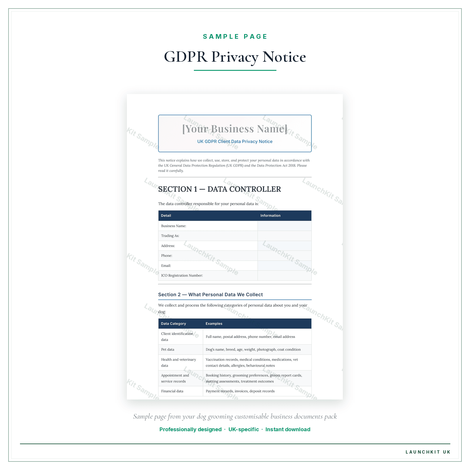 UK GDPR Client Data Privacy Notice sample page from the Dog Grooming Business Documents — Customisable pack — watermarked LaunchKit Sample