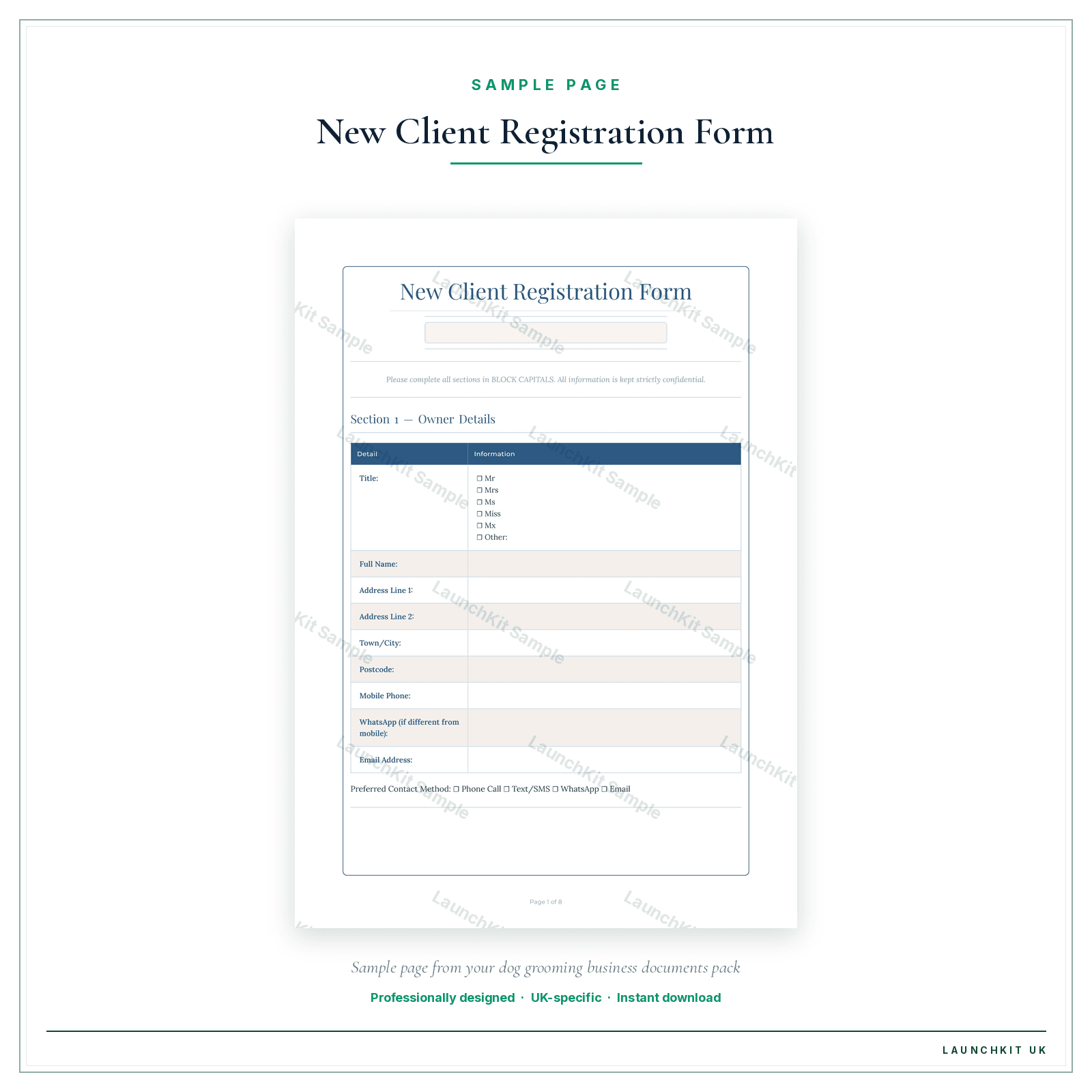 New Client Registration Form sample page from the Dog Grooming Business Documents — Essential pack — watermarked LaunchKit Sample