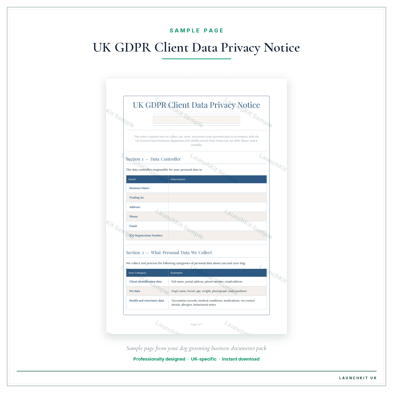 UK GDPR Client Data Privacy Notice sample page from the Dog Grooming Business Documents — Essential pack — watermarked LaunchKit Sample
