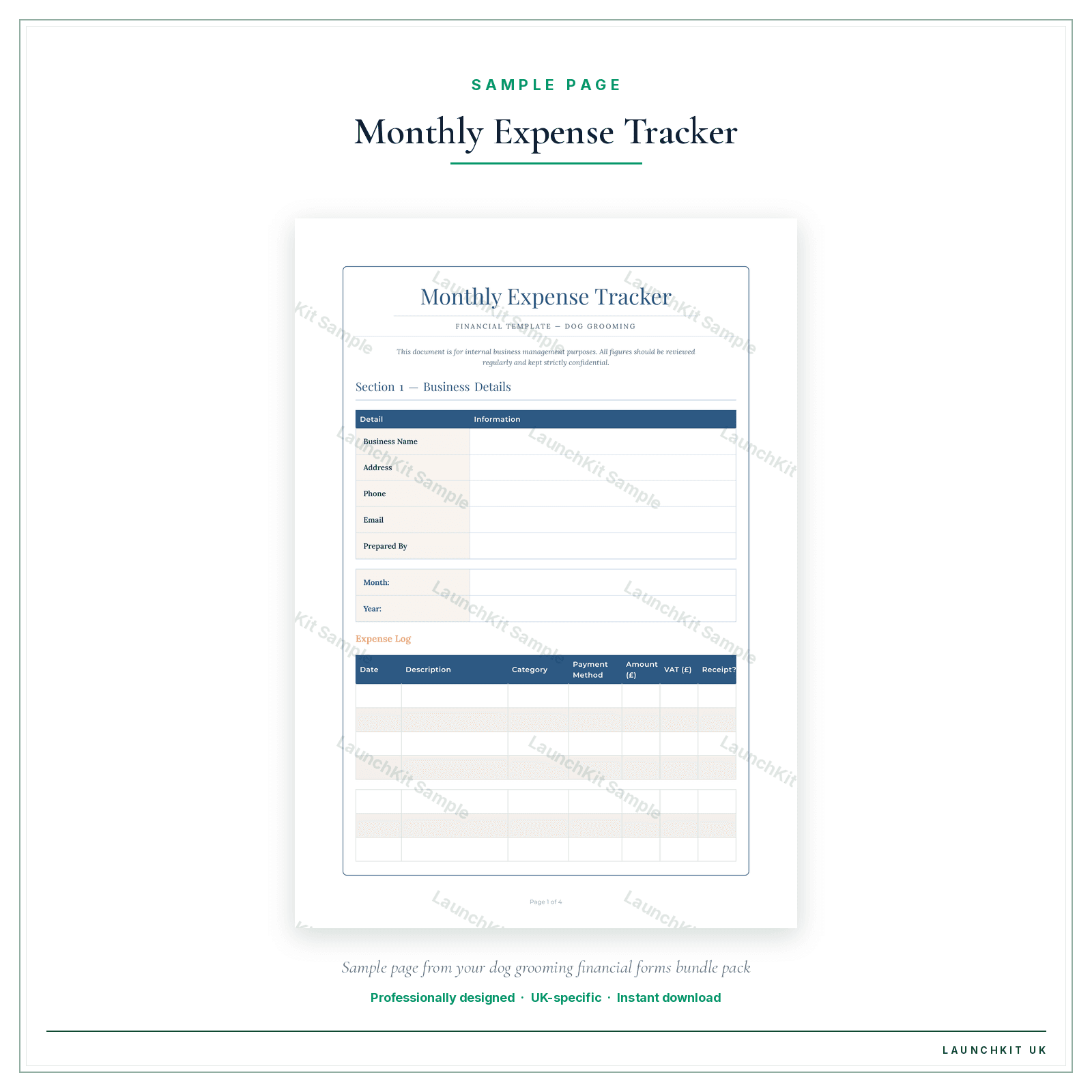 Monthly Expense Tracker sample page from the Dog Grooming Financial Forms Bundle — Premium pack — watermarked LaunchKit Sample