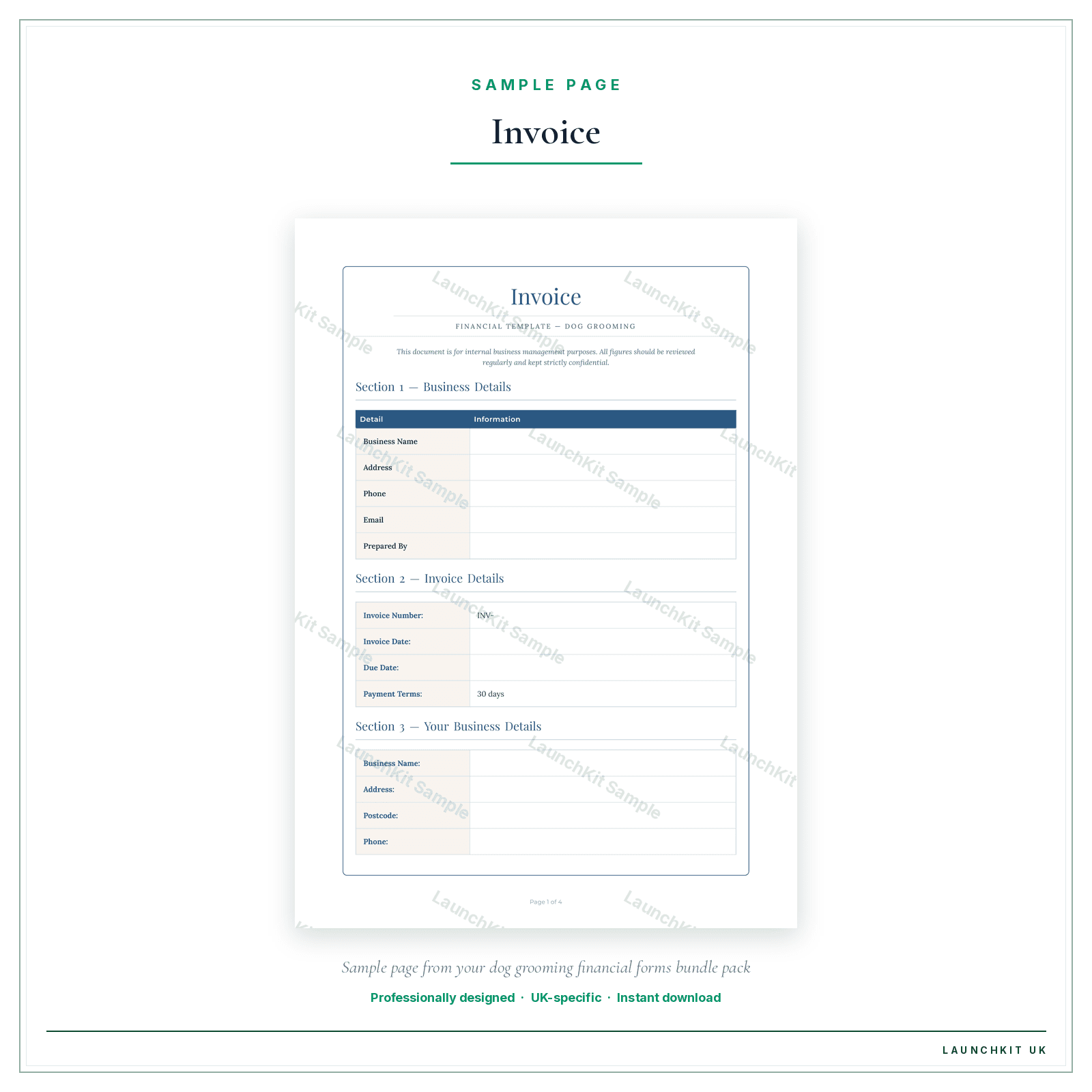 Invoice sample page from the Dog Grooming Financial Forms Bundle — Premium pack — watermarked LaunchKit Sample