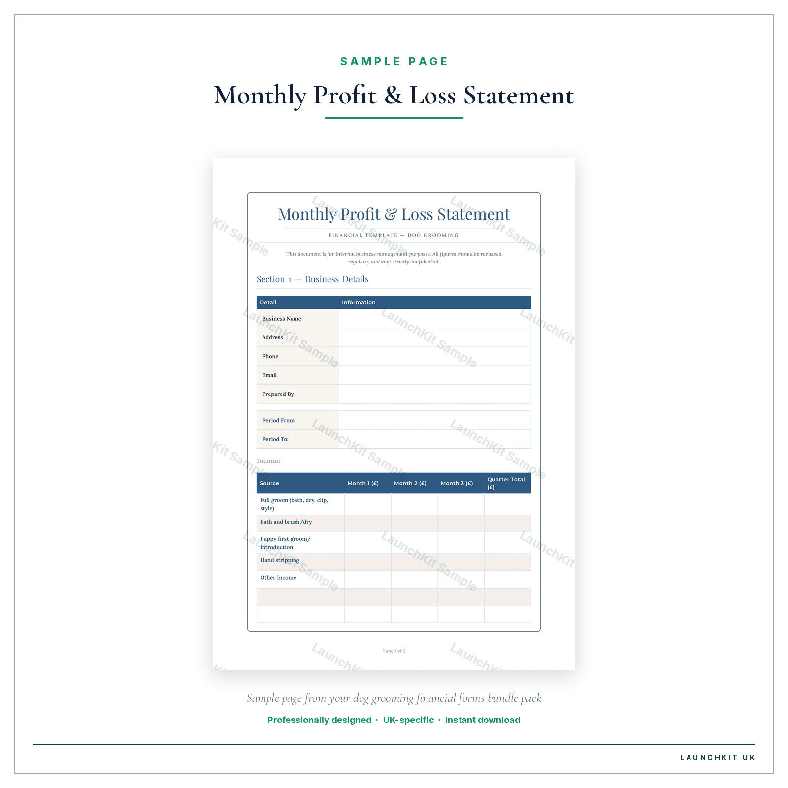 Monthly Profit & Loss Statement sample page from the Dog Grooming Financial Forms Bundle — Premium pack — watermarked LaunchKit Sample