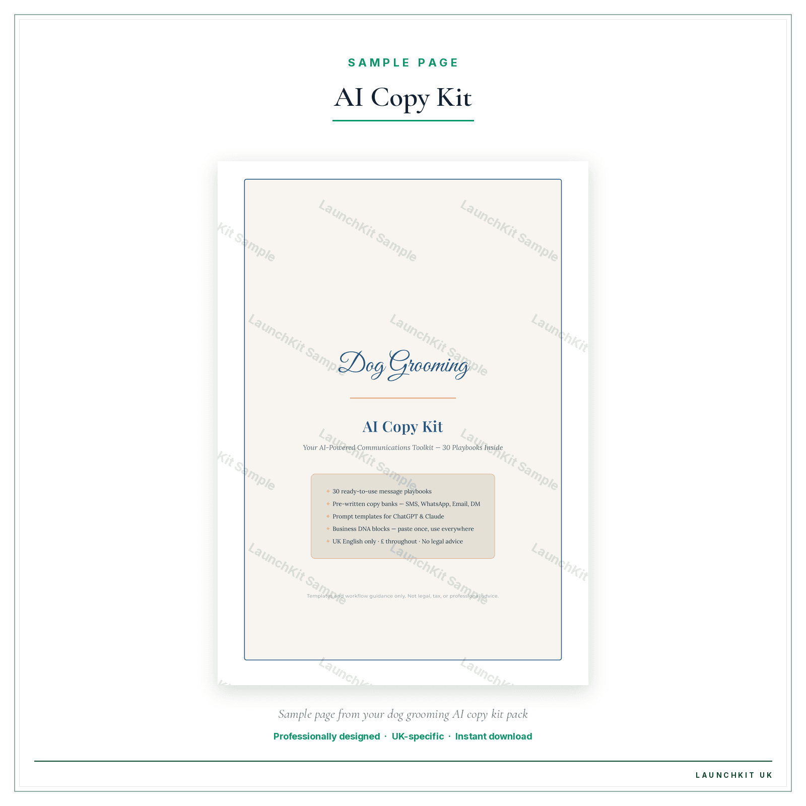 AI Copy Kit sample page from the Dog Grooming AI Copy Kit pack — watermarked LaunchKit Sample