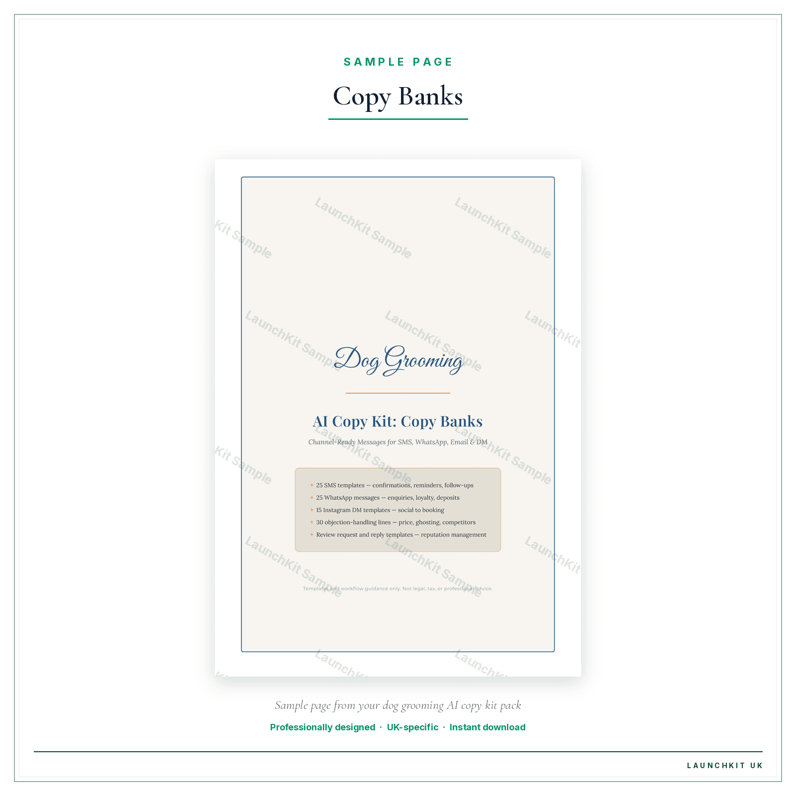 Copy Banks sample page from the Dog Grooming AI Copy Kit pack — watermarked LaunchKit Sample