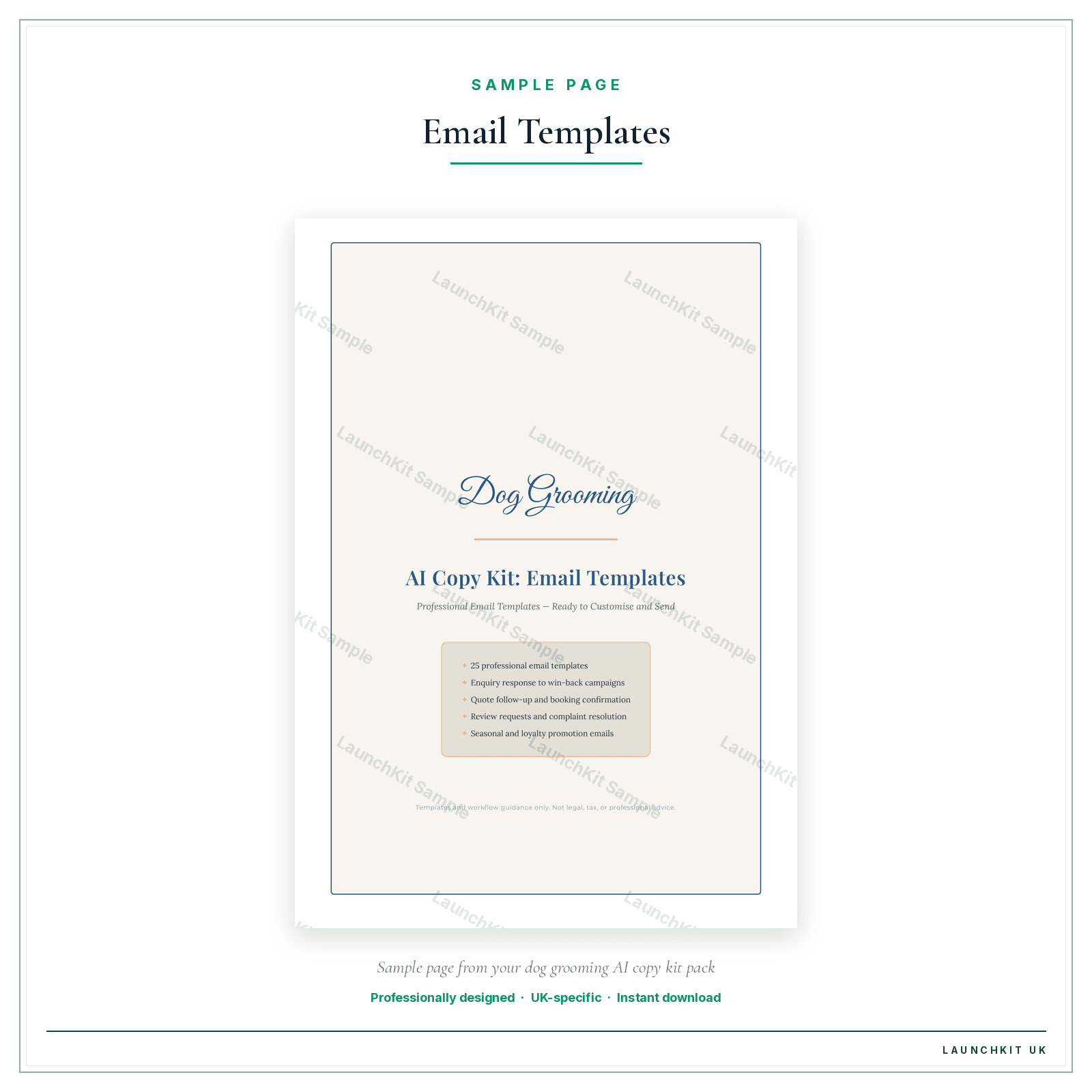Email Templates sample page from the Dog Grooming AI Copy Kit pack — watermarked LaunchKit Sample