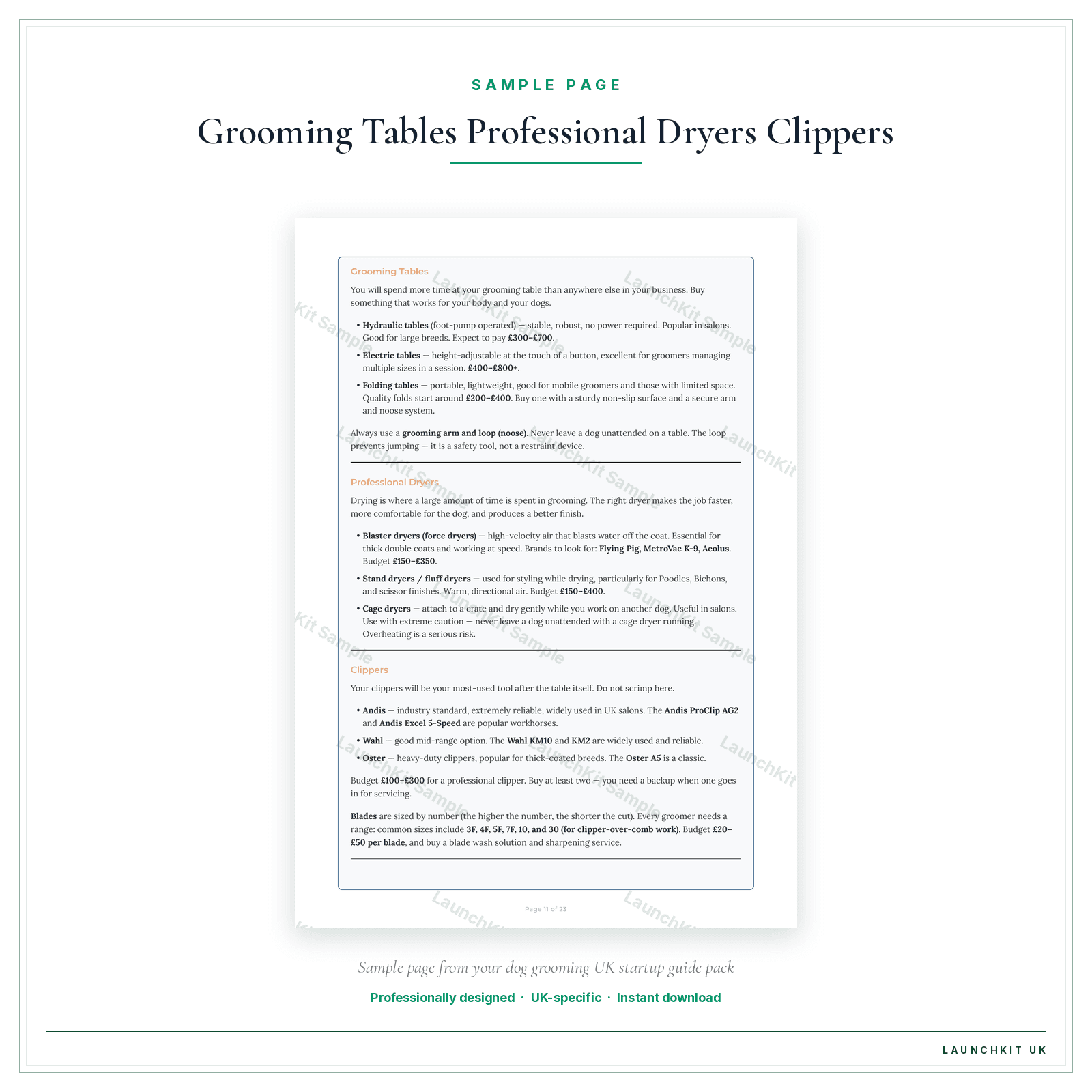 Grooming Tables Professional Dryers Clippers sample page from the Dog Grooming Startup Guide pack — watermarked LaunchKit Sample