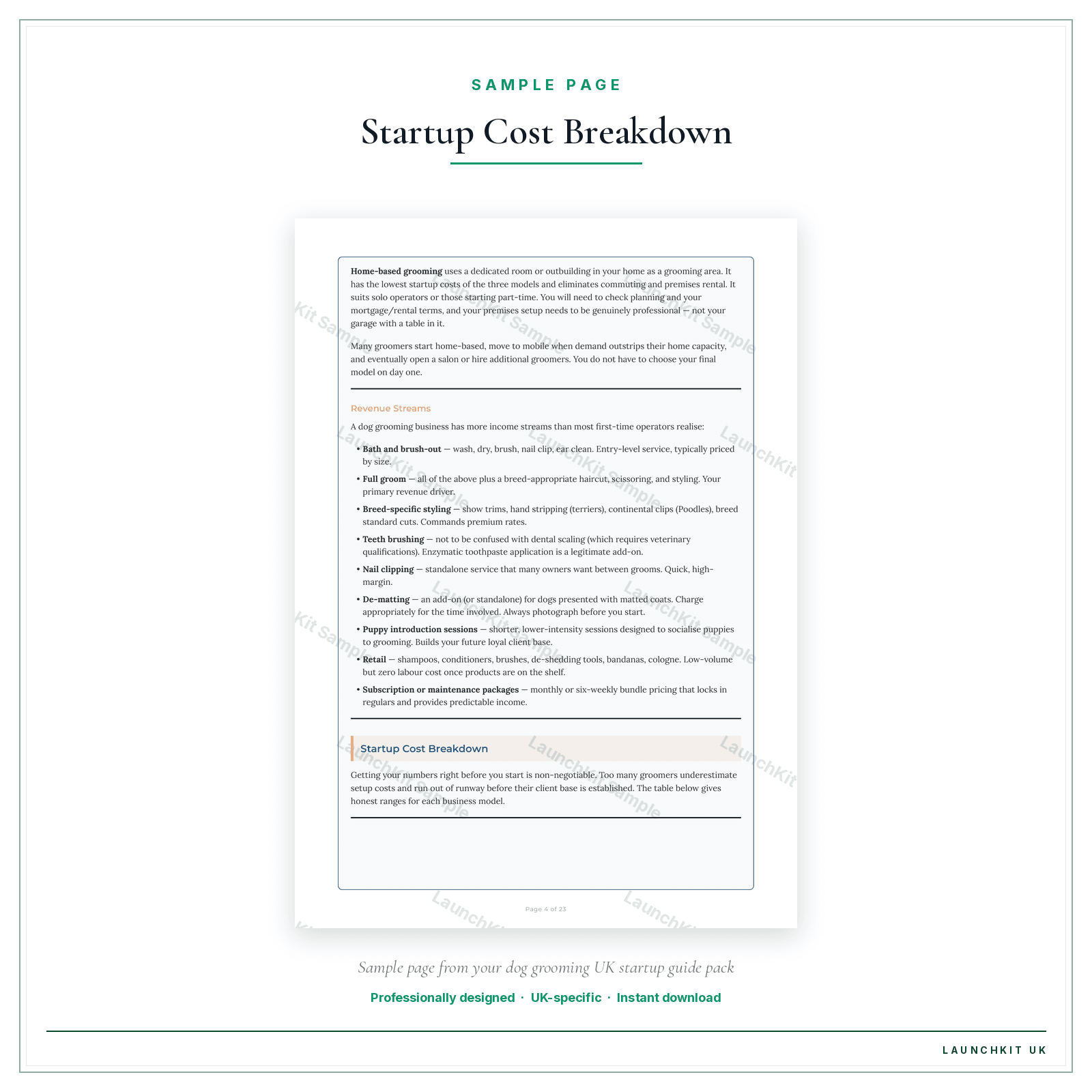 Startup Cost Breakdown sample page from the Dog Grooming Startup Guide pack — watermarked LaunchKit Sample