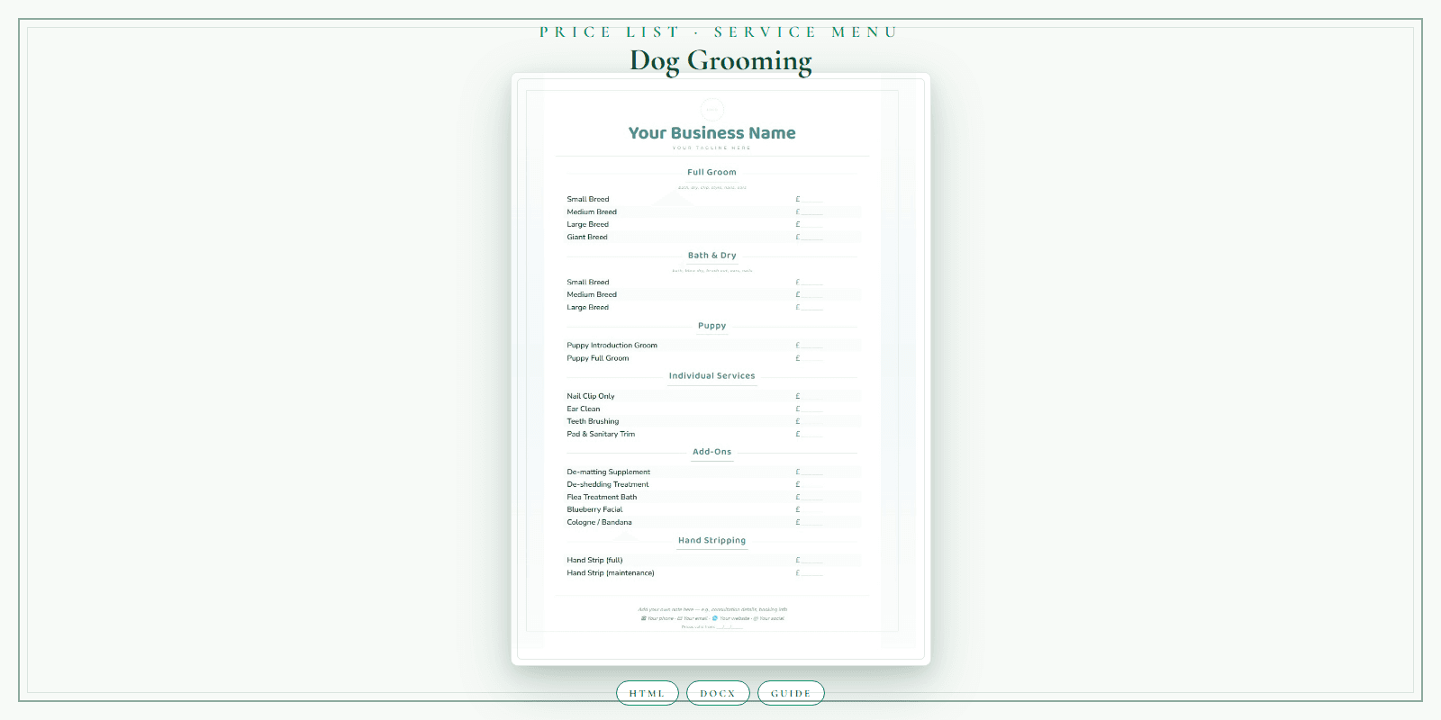 Dog Grooming — Price List & Service Menu, PDF product overview