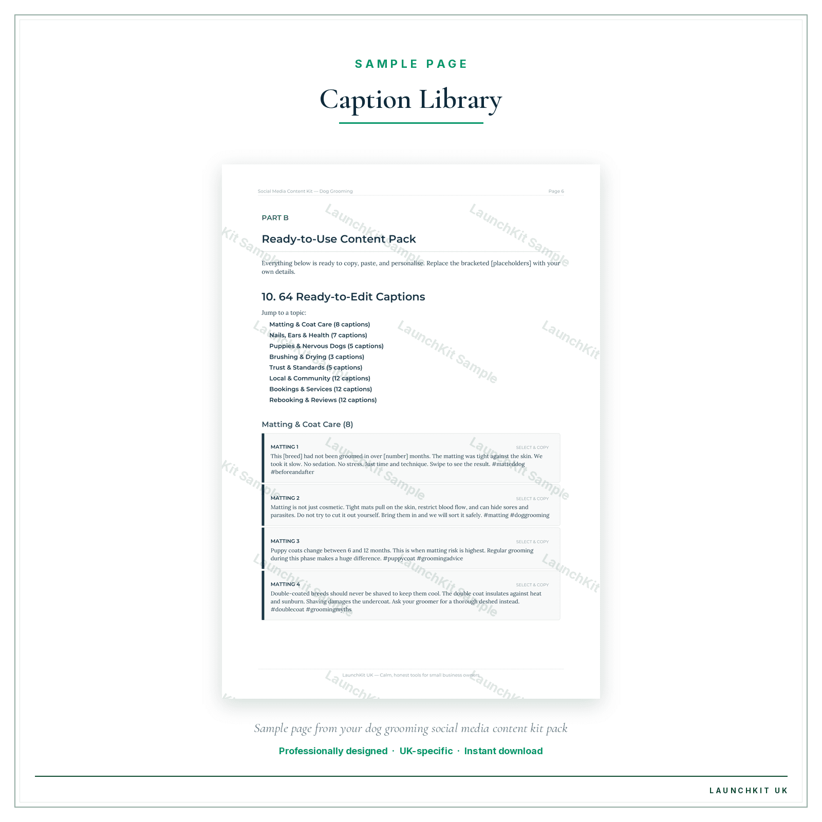 Caption Library sample page from the Dog Grooming Social Media Content Kit pack — watermarked LaunchKit Sample