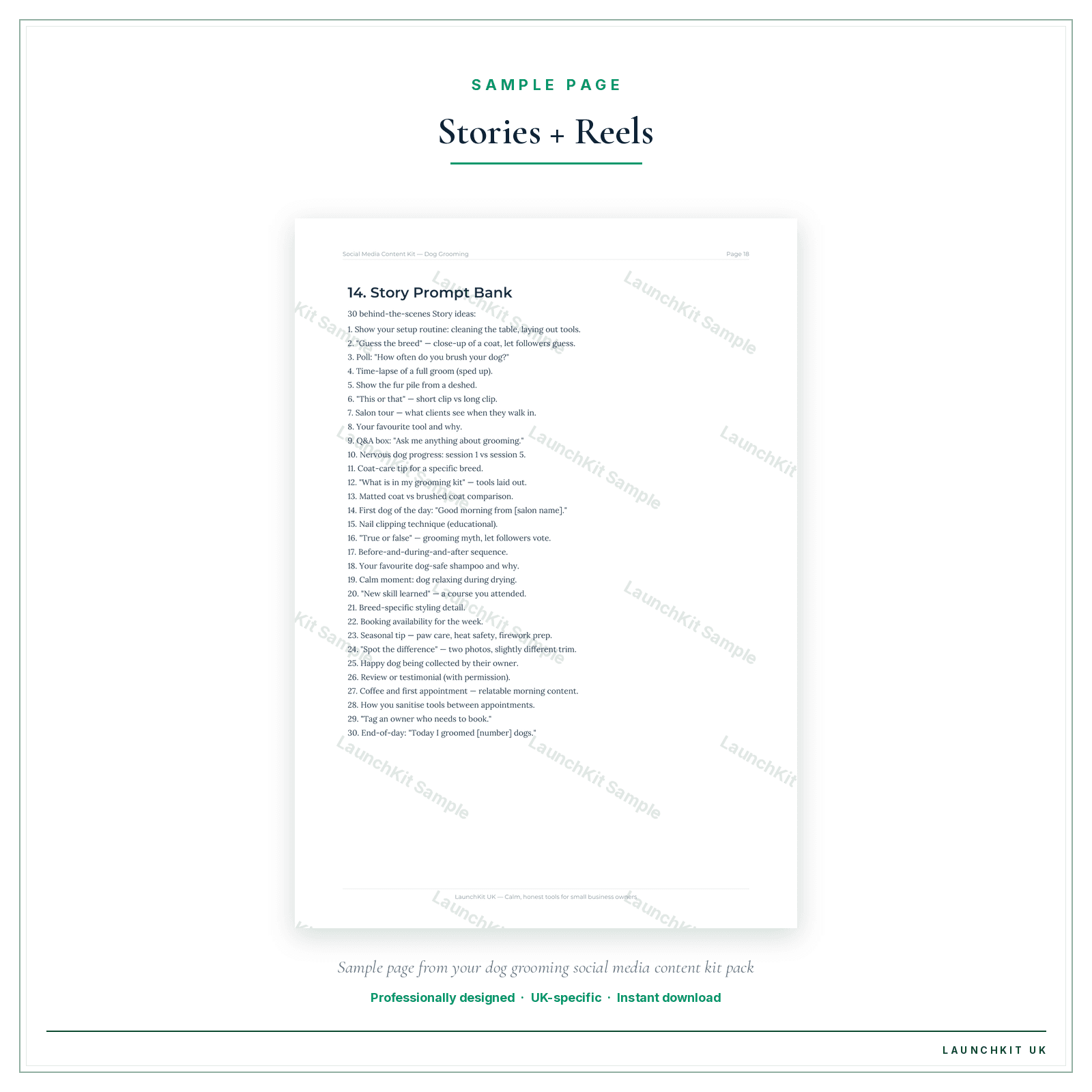 Stories + Reels sample page from the Dog Grooming Social Media Content Kit pack — watermarked LaunchKit Sample