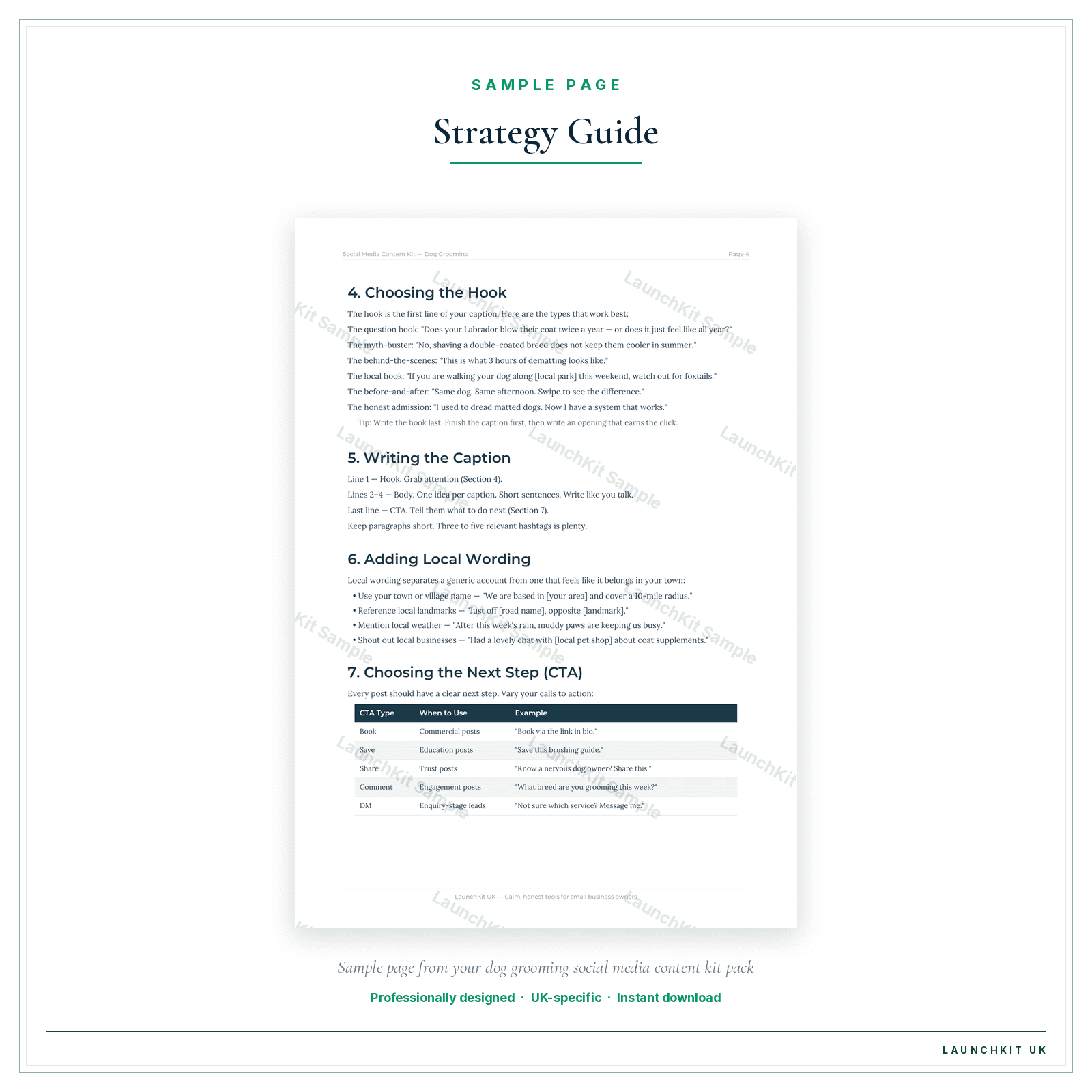 Strategy Guide sample page from the Dog Grooming Social Media Content Kit pack — watermarked LaunchKit Sample