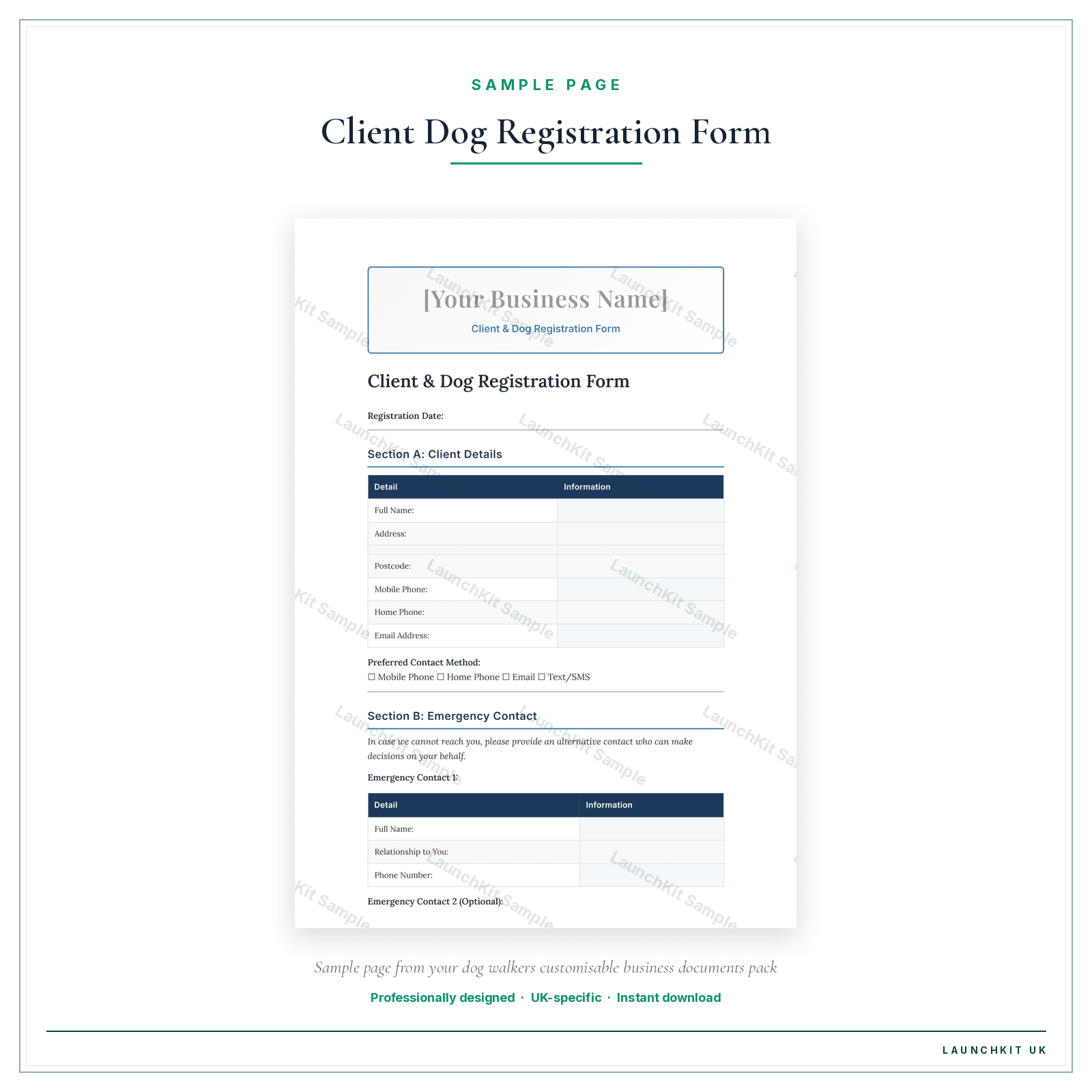 Client & Dog Registration Form sample page from the Dog Walkers Business Documents — Customisable pack — watermarked LaunchKit Sample