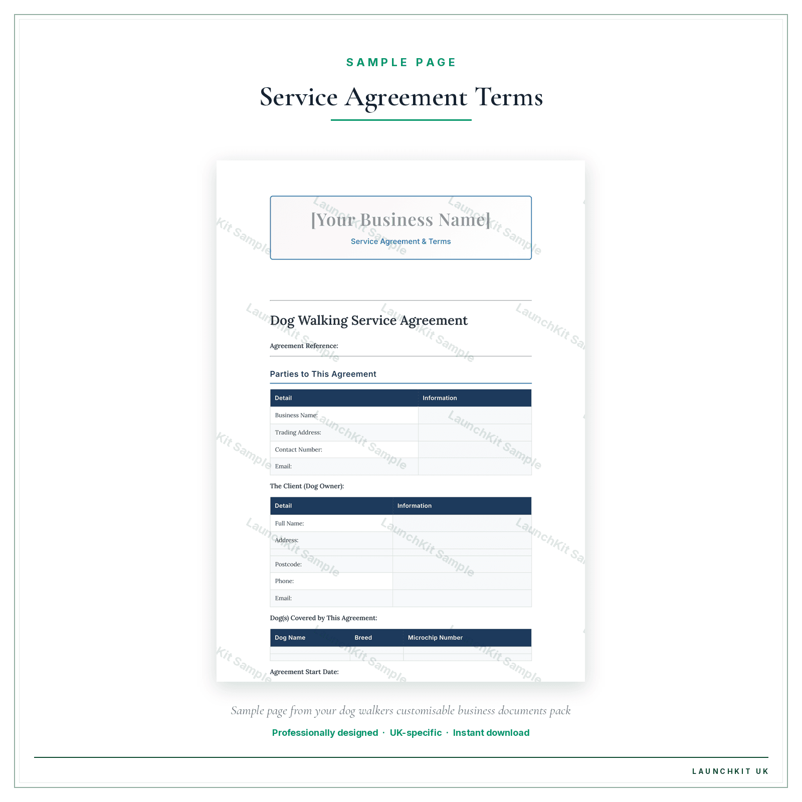 Service Agreement & Terms sample page from the Dog Walkers Business Documents — Customisable pack — watermarked LaunchKit Sample