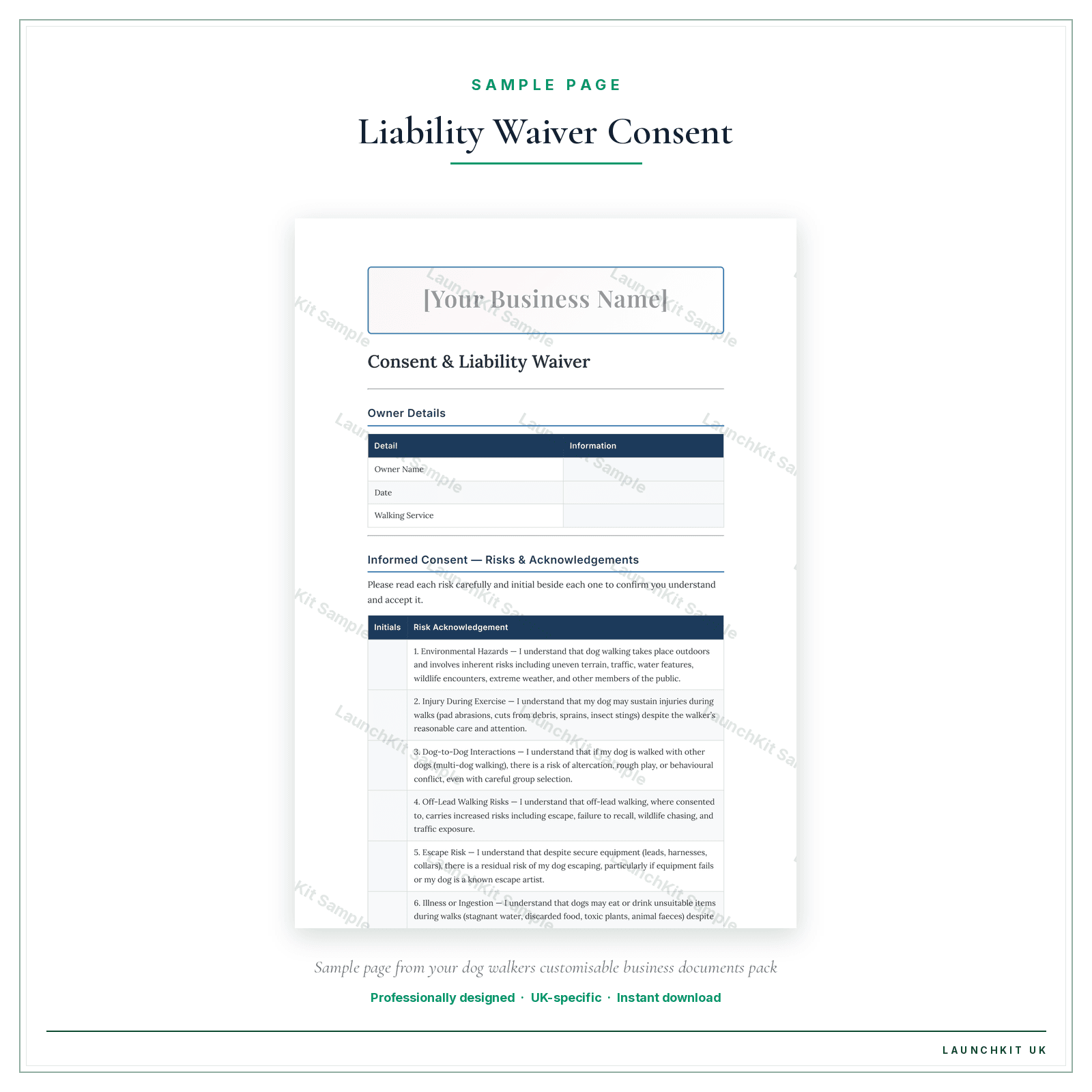 Liability Waiver Consent sample page from the Dog Walkers Business Documents — Customisable pack — watermarked LaunchKit Sample