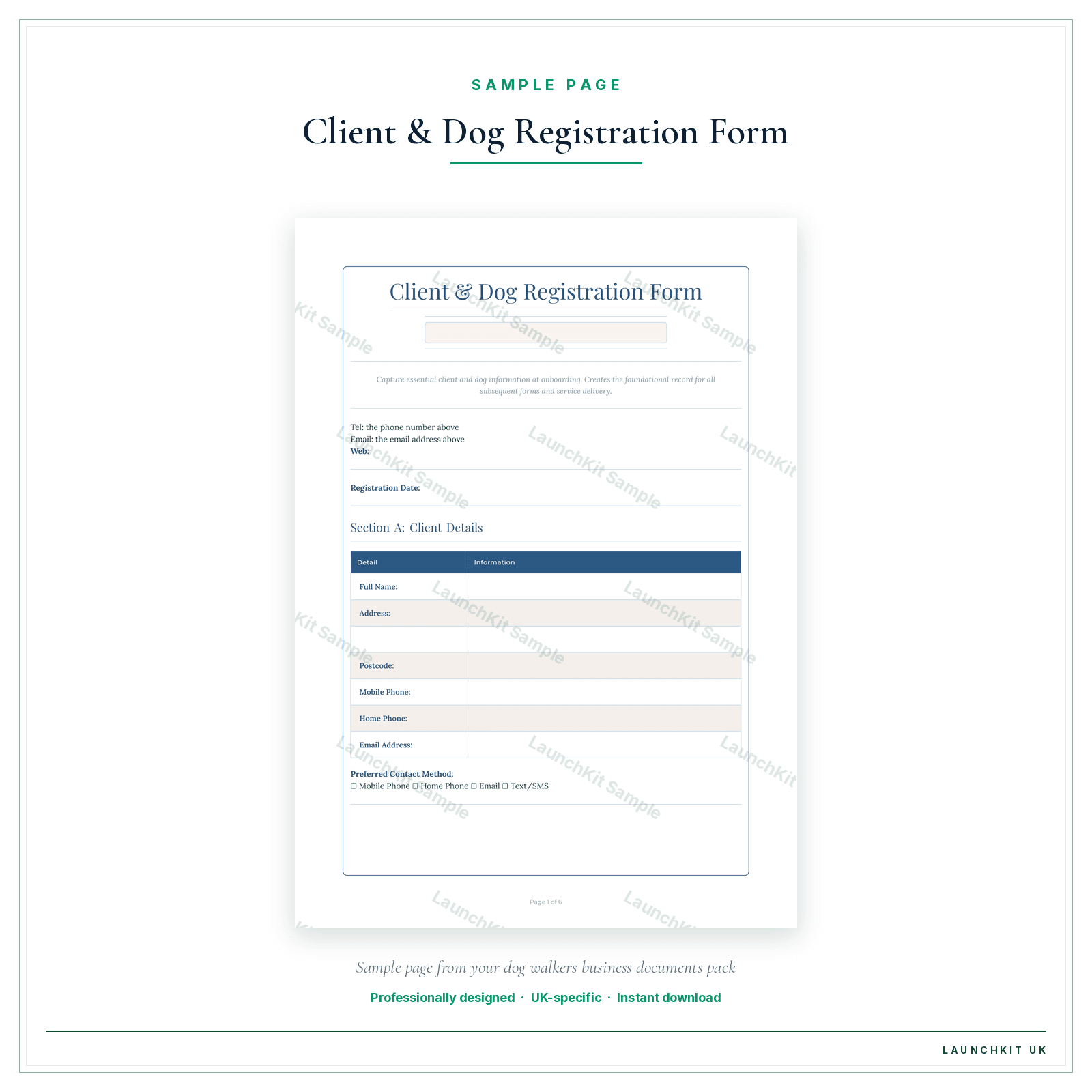 Client & Dog Registration Form sample page from the Dog Walkers Business Documents — Essential pack — watermarked LaunchKit Sample